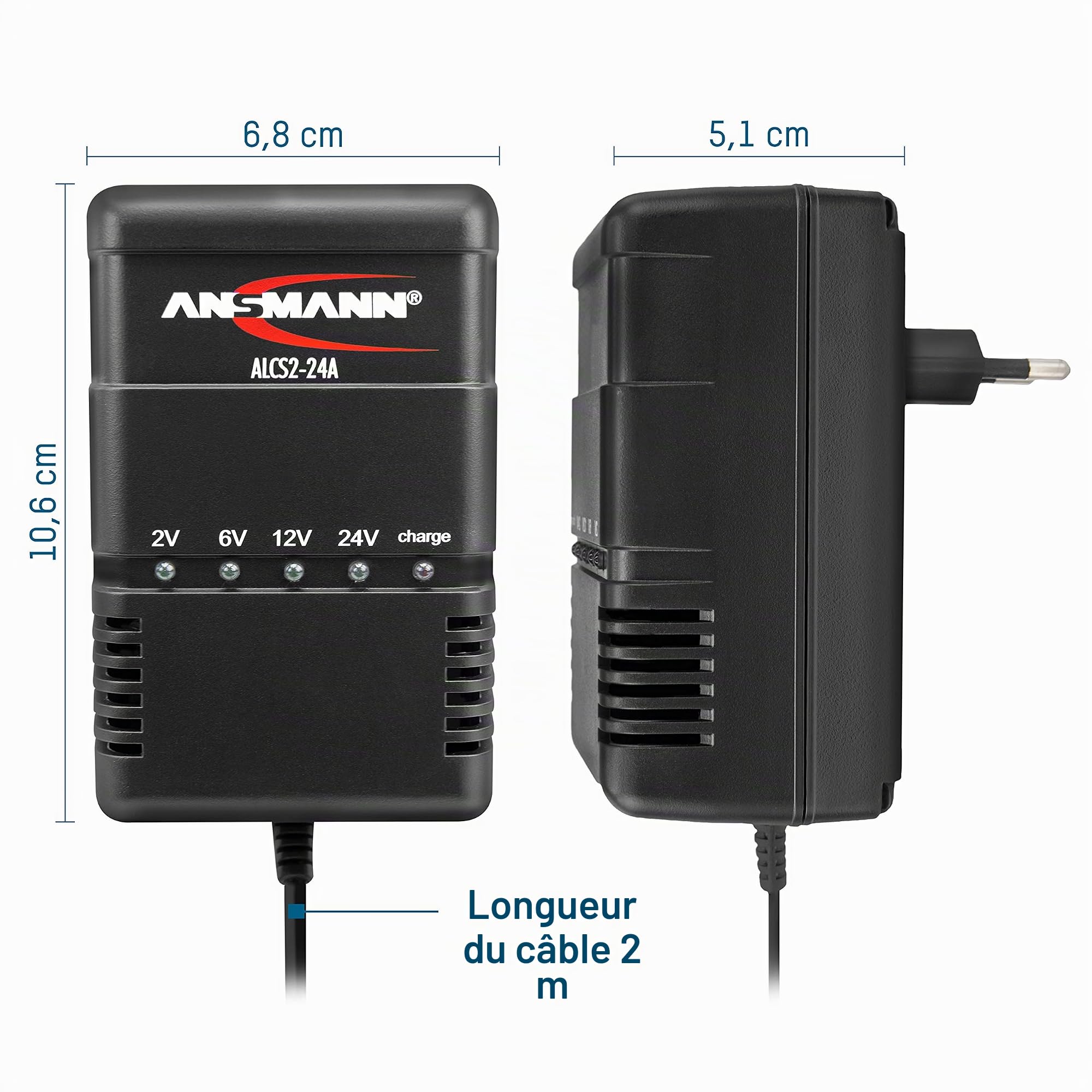 ANSMANN ALCS 2 - 24A Chargeur pour batteries au plomb (1 pce) – Station de recharge pour batteries de voiture, moto, bateau, tondeuse de jardin, etc. – Chargeur 2V à 24V livré avec 2 pinces croco