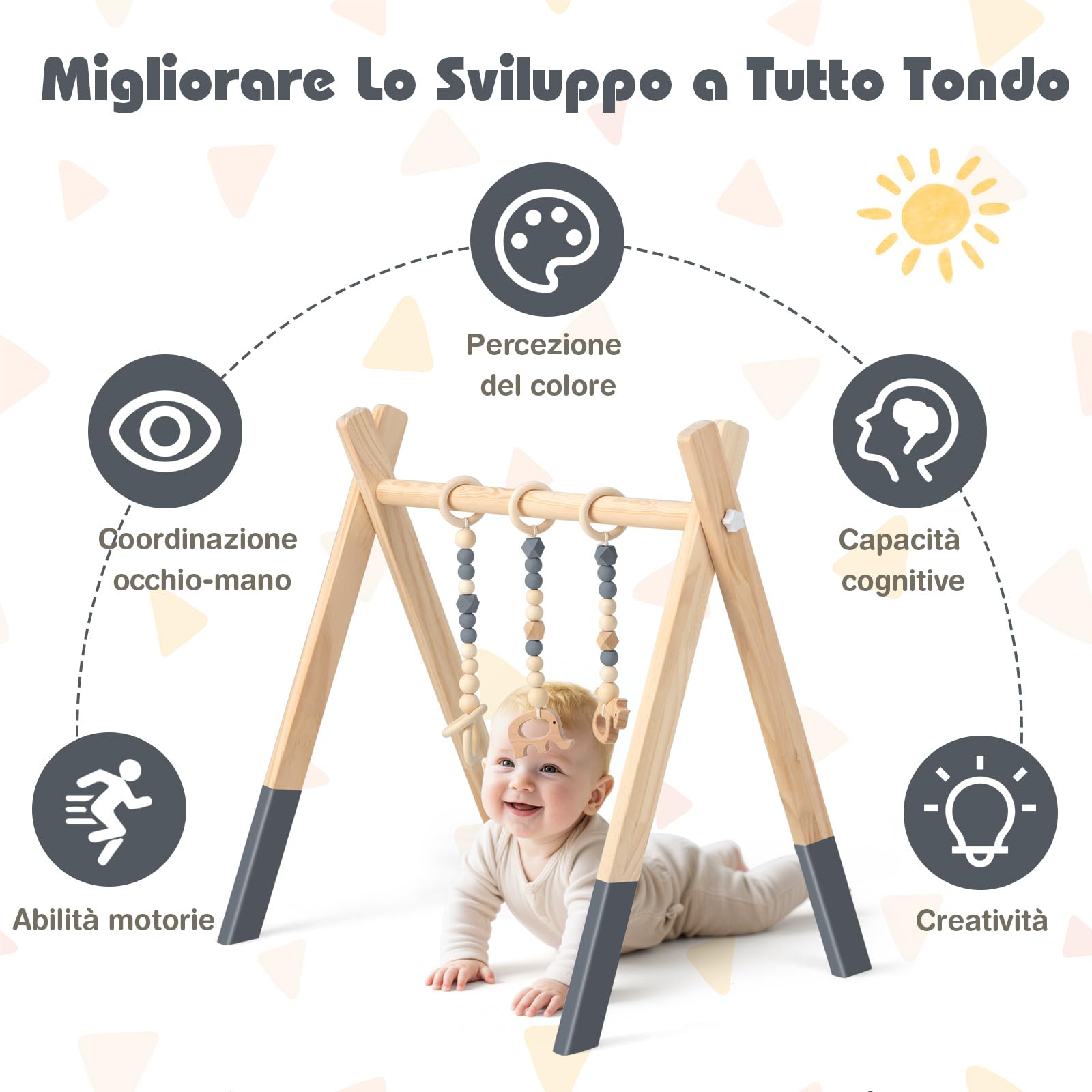 COSTWAY Palestrina Bambini in Legno, Giocattolo a Trapezio Pieghevole Neonati, Montessori Arco da Gioco, per Bambini 3+ Mesi (Grigio)