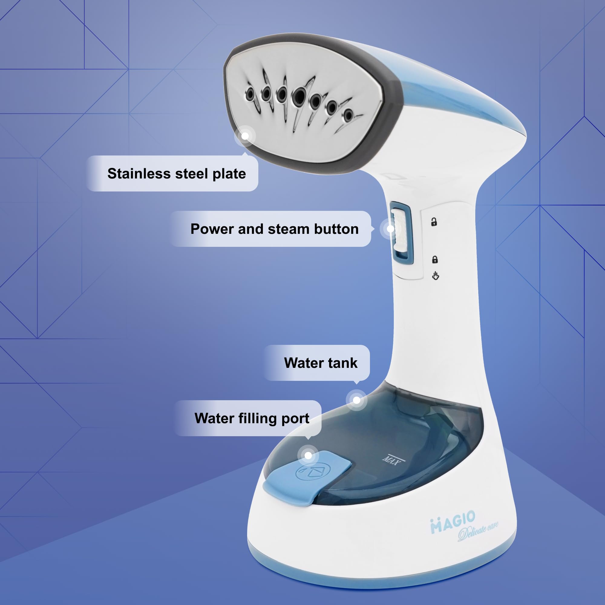MAGIO Parownica ręczna pionowa, Steamer 1500W – Składana konstrukcja, Silna para, Ochrona przed przegrzaniem, Usuwa zagniecenia i zapachy, 150 ml, Do wszystkich tkanin, Do domu i podróży