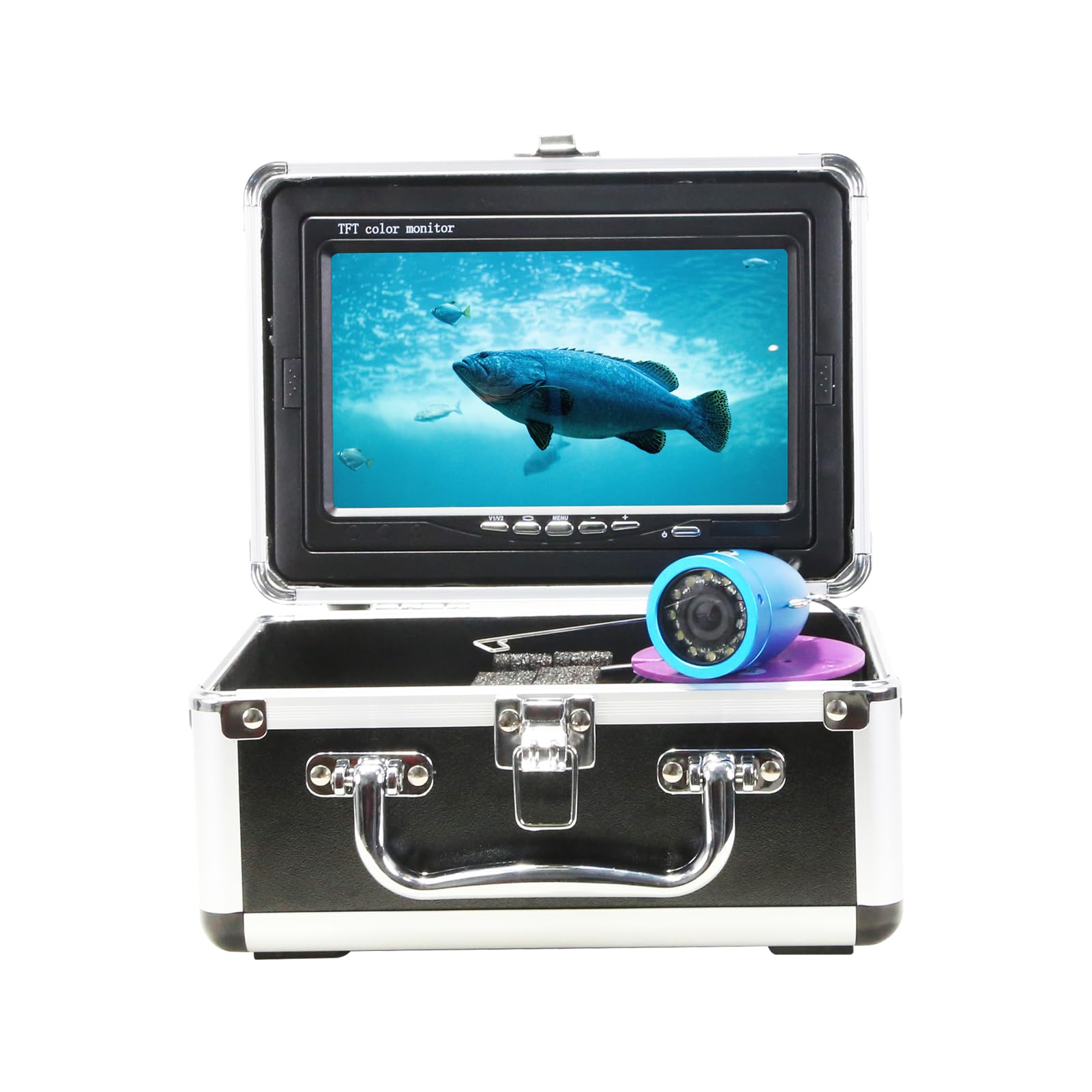 Underwater Fishing Camera, 7 Inch LCD Monitor Portable Fish Finder, 1000TVL Fishing Camera, 92 Viewing Angle, 12 White and 12 IR LEDs, for Ice Lake Boat Kayak River (Aluminum Box)