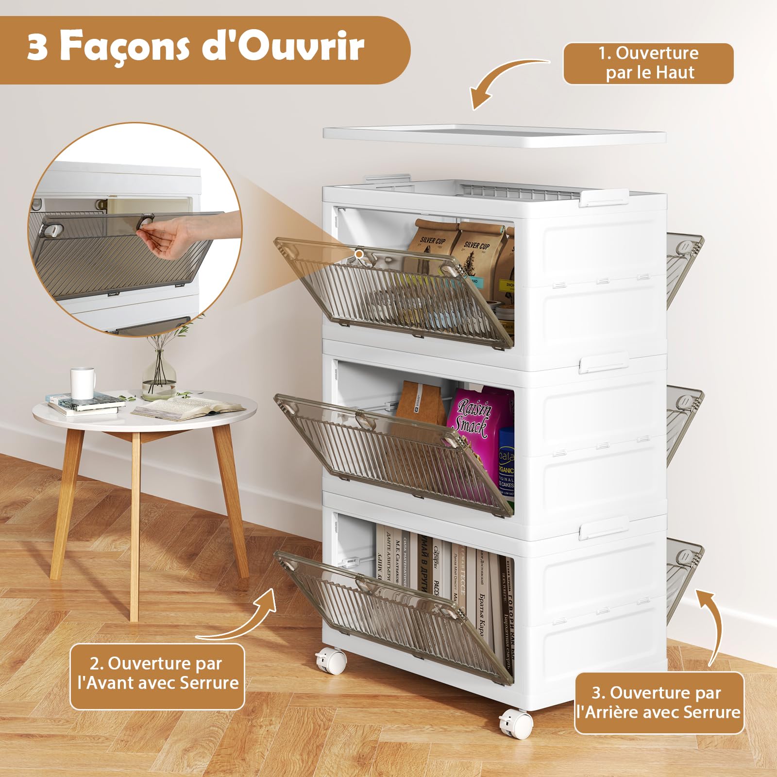 Stapelbare Aufbewahrungsbox mit 3 Ebenen, 42 l pro Ebene, seitliche Clip-Verriegelungen, transparenter abschließbarer Deckel und 2 transparente Türen, ideal für Schlafzimmer und Wohnzimmer