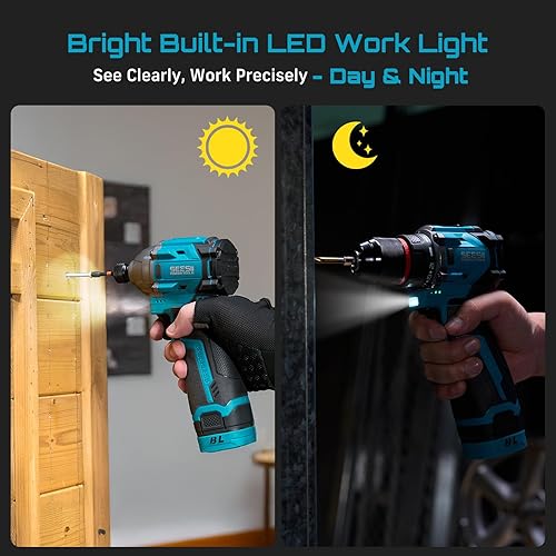 Miniatura 8 de SEESII Taladro y Destornillador de Impacto Inalámbrico de 16.8V sin Escobillas Kit de Herramientas Eléctricas Combinado 2 Baterías de 2.0Ah con