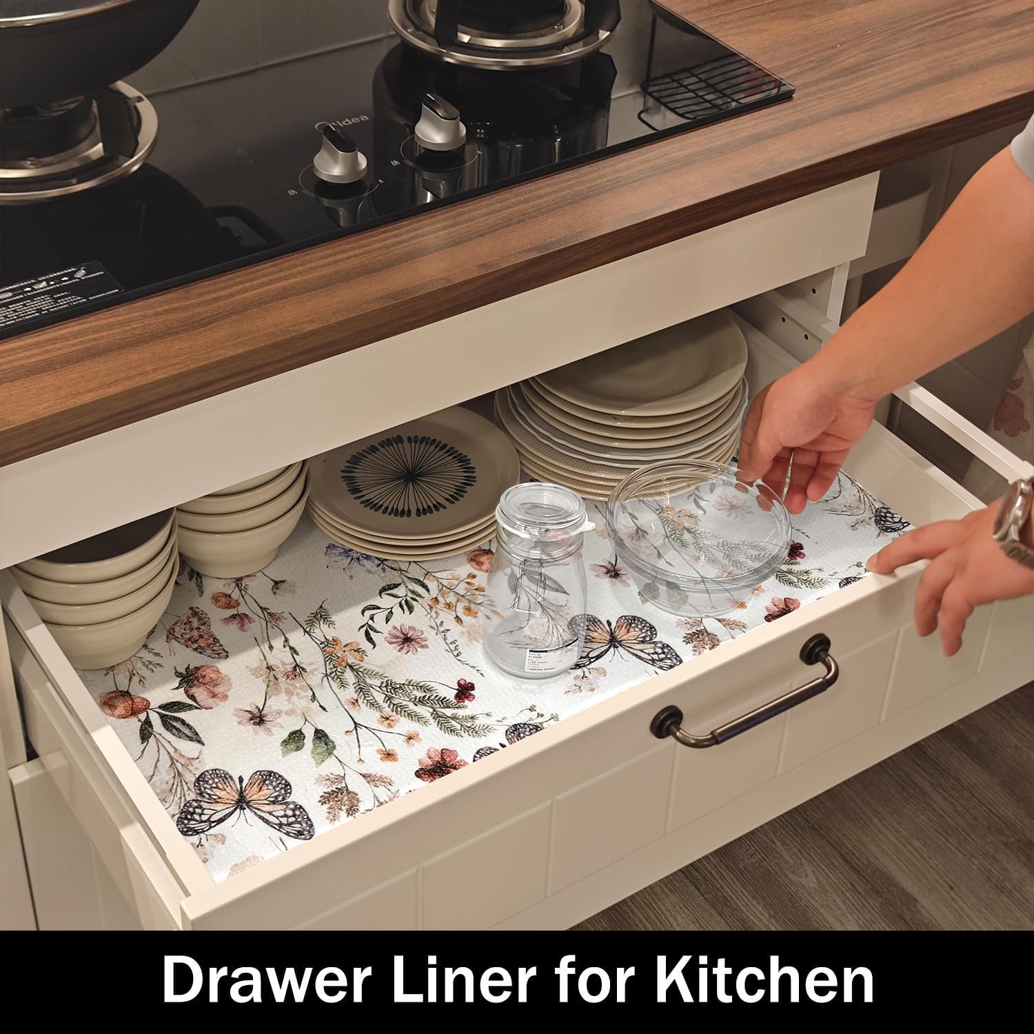 Floral Shelf Liners Non Adhesive 16IN x 20FT and Strong Non-Slip Shelf and Drawer Liners for Kitchen Cabinet Wire Fridge, Waterproof Shelf Drawer Liner,Easy to Clean,Butterfly