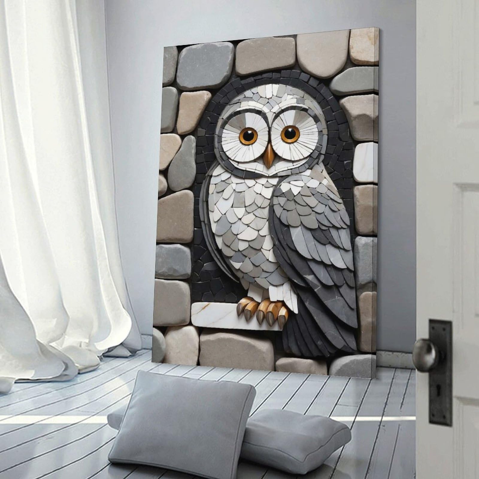 Junmoney Wall Decor Canvas Print Stone Mosaic Owl, 20x30inch(50x75cm), for Study, Office Or Apartment Decor, Canvas Artwork with Gifting Potential