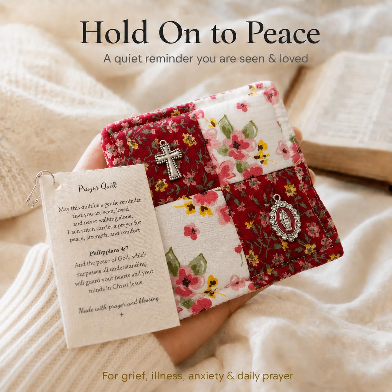 Onism 4.1 in Pocket Prayer Quilt with Cross Inside and Virgin Mary Charm, Handcrafted Catholic Patchwork Prayer Square, Catholic Gift for Women, RCIA and Sympathy, Scripture Tag