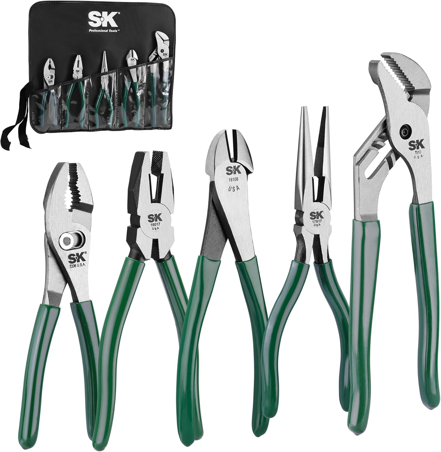 SK Tools USA 5-Piece Pliers Set, 6" Slip Joint, 7" Linesman, 8" Long Nose & Diagonal Pliers, and 10" Groove Joint, High Carbon Steel, with Rolling Pouch