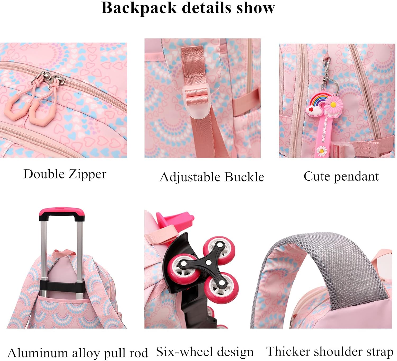 3PCS Girls Rolling Backpack Elementary Student Schoolbag Travel Trolley Bag Wheeled Bookbag with Lunch Box - Image 5