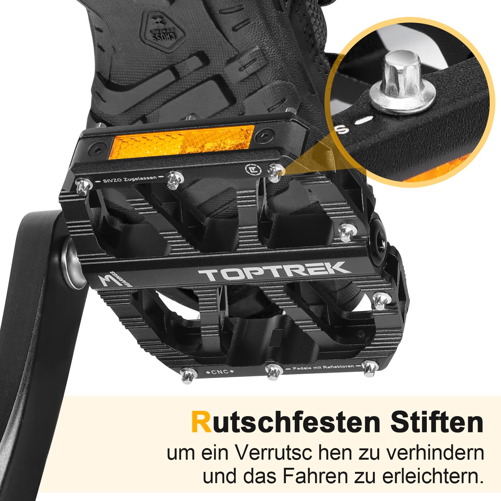 toptrek Fahrradpedale mit StVZO Zugelassen Reflektoren, CNC Aluminium Pedale Fahrrad MTB Pedale rutschfest mit 3 Abgedichtete Lager für Mountainbike, BMX, E-Bike, Rennrad