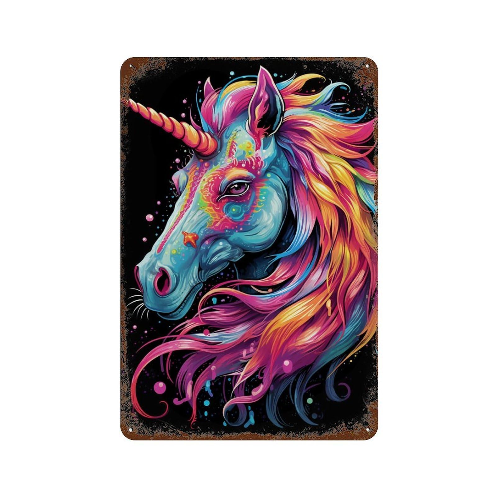 Colorful Unicorn Art Print-1 Rust Effect Tin Sign 11.8"x7.9", Farmhouse Wall Decor for Living Room, Hallway And Home Decor