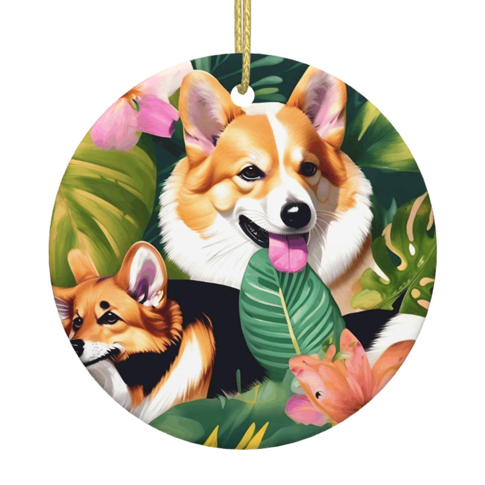 Tropical Flower And Corgi Print Christmas Ornaments, Ceramic Hanging Ornament, Round Shape Decorations