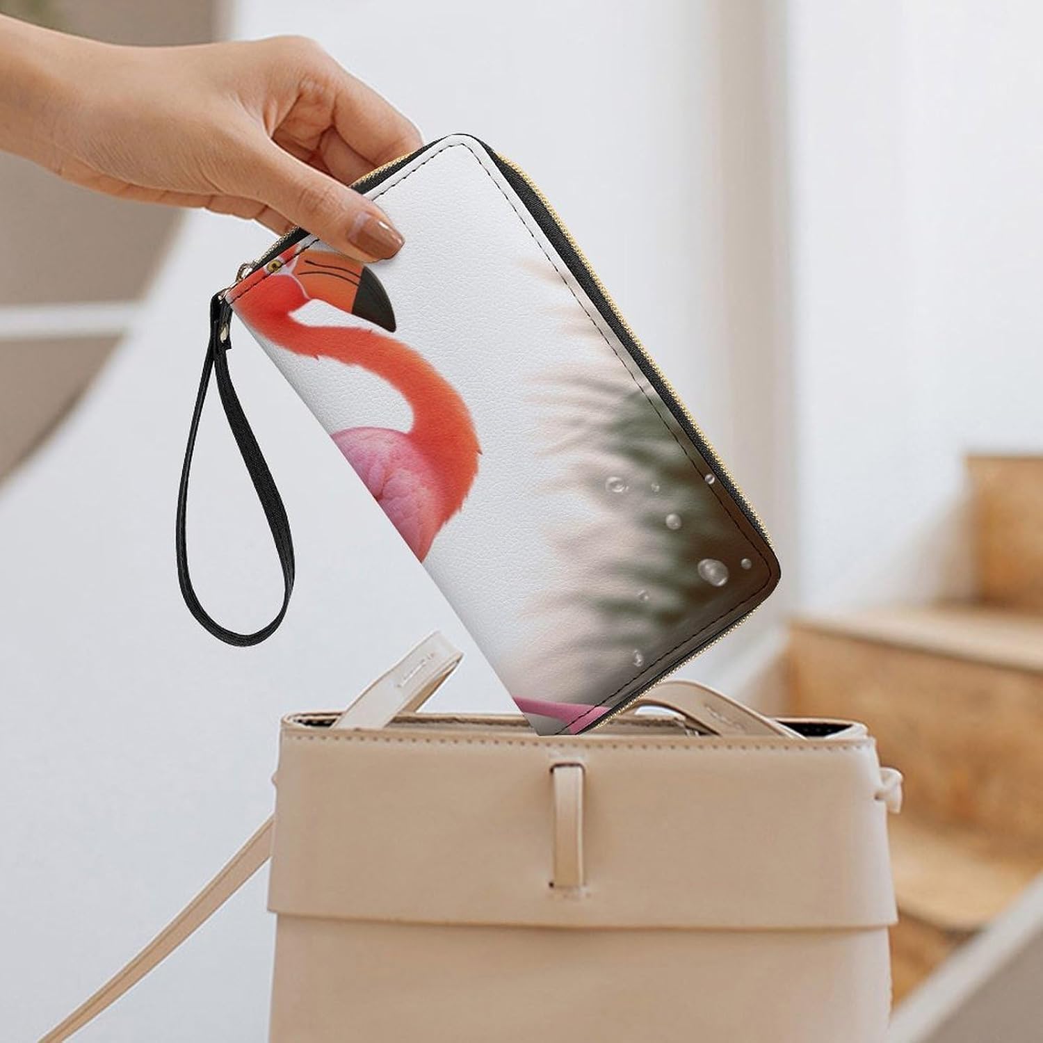 Cartoon Flamingo Print PU Leather Wristlet Wallet Slim Card Holder Organizer with Zipper Coin Pocket & Cash Slots for Women Men