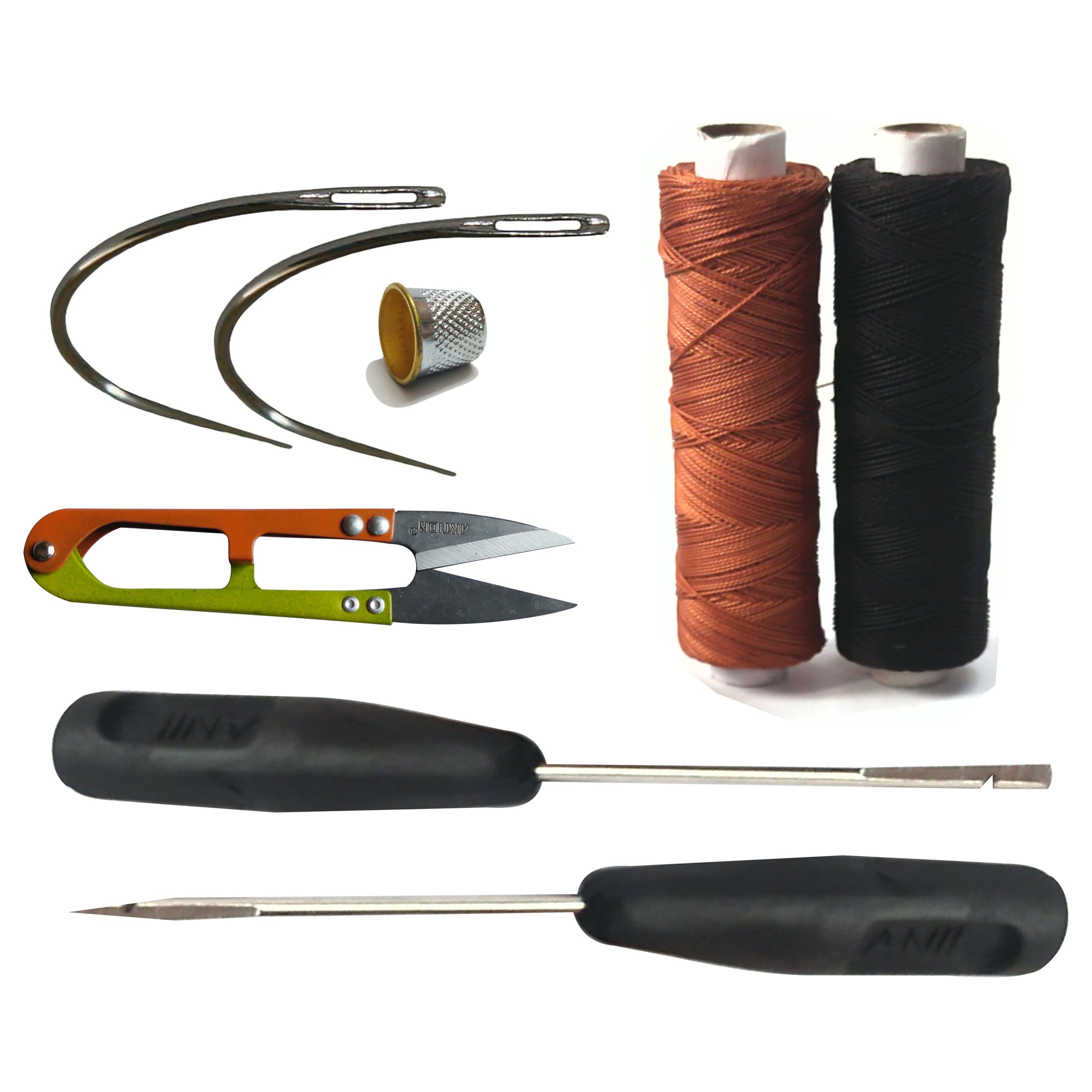 Upholstery Leather Nylon Thread, Thick 0.60 MM (2 ply Hi Tenacity Nylon) Black & Rust, 1 Spool 100 MTR, Pack of 2 Spool, 2 Hand Stitching Tool, 2 Curved Needle, 1 Cutter, 1 Thumble (2 Pcs)-image-22