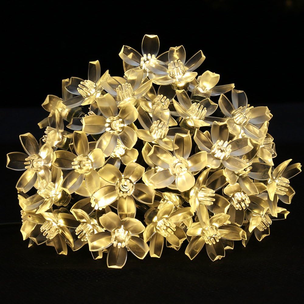 LE 23ft Christmas Solar String Lights, 50 LEDs, Waterproof, Cherry Blossom Lights, Light Sensor, Outdoor Wedding Party Patio Garden Holiday Festival Celebration Thanksgiving Decoration, Warm White