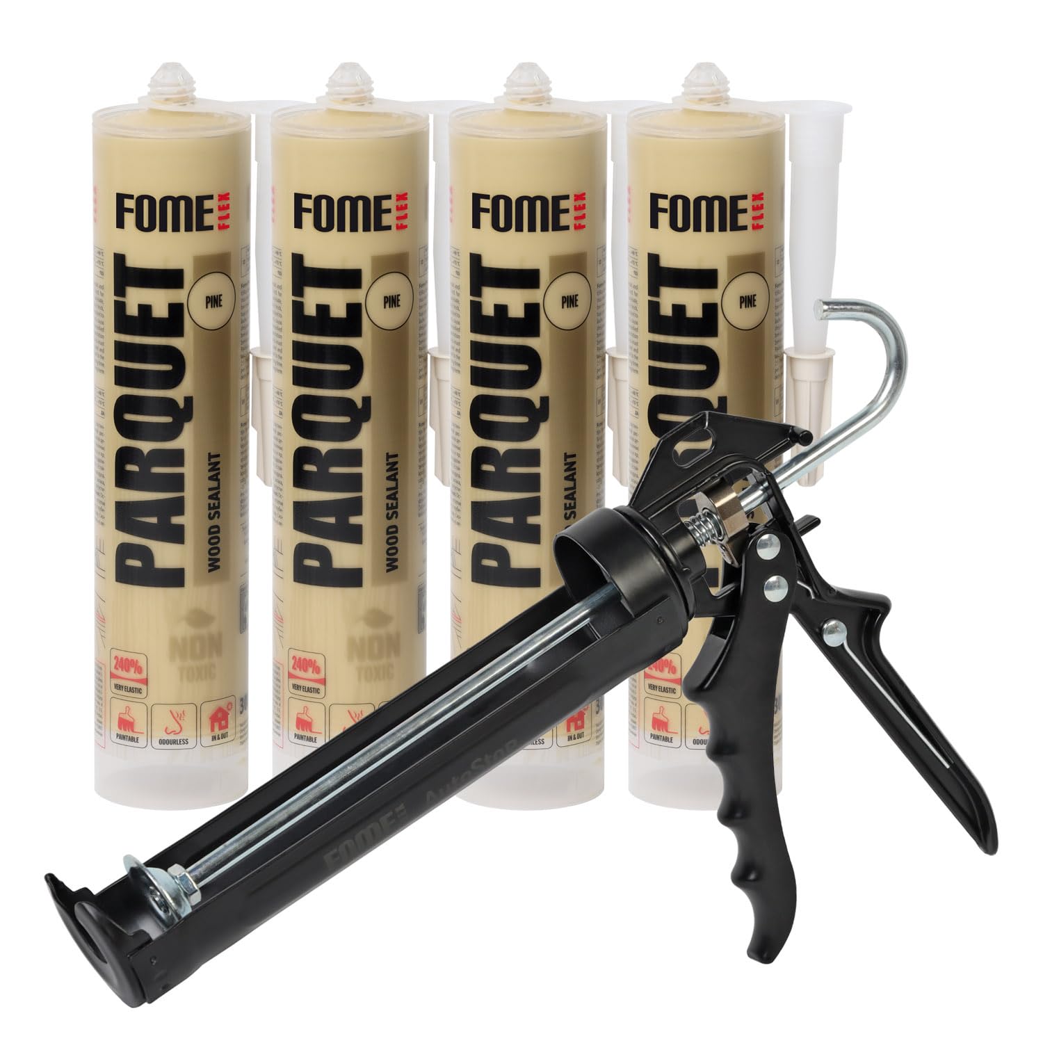 Kartuschenpistole + FOME FLEX 4x Parkett-Fugenfüller Kiefer – Acryl Dichtstoff für Holz, Parkett und Laminat, überstreichbar mit 2000N Pistole