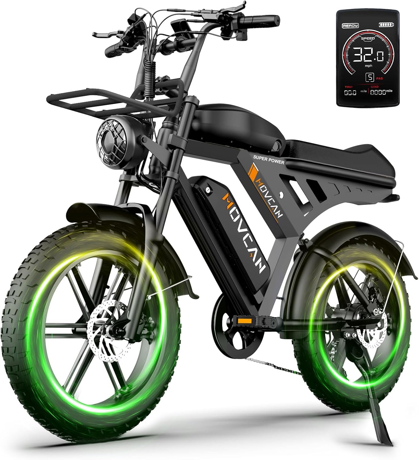 MOVCAN V30 Series Electric Bike for Adults, 3000W/1500W/1000W Motor, 20″ Fat Tire Ebike, 37.5MPH/32MPH/28MPH, 120/70Miles, 48V 40Ah/31.2/15.6Ah Dual Battery Motorcycle Ebike for Commuting/Off-roading