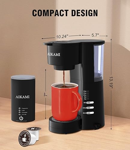 Miniatura 7 de Cafetera de una sola porción para taza K y café molido con espumador de leche, tamaños de preparación de 6 a 14 onzas, cafetera de apagado