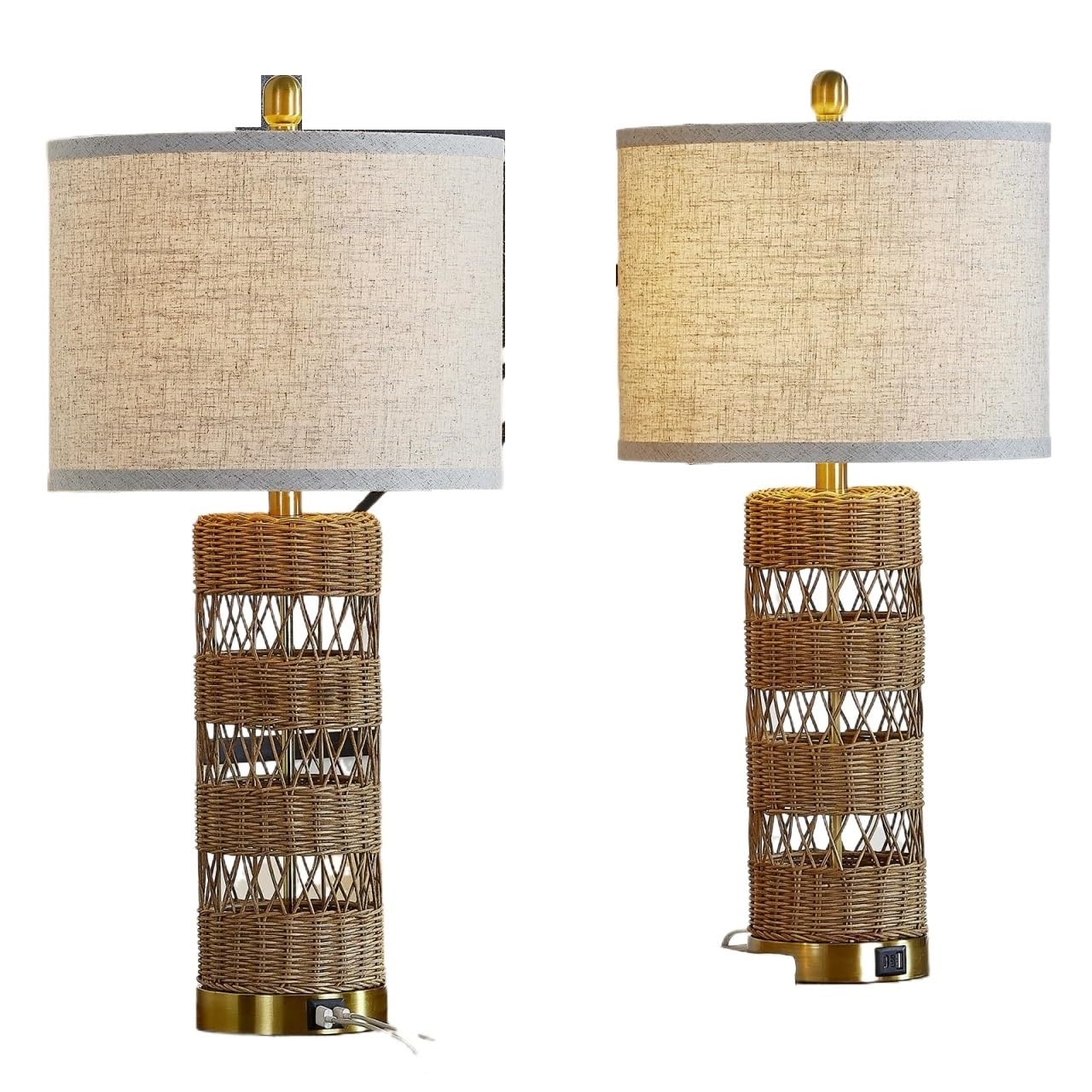 CCXXYGWJ 2-pak 28-calowego stolika USB z rattanu w stylu boho, lniany abażur, sypialnia, lampka nocna do czytania, w zestawie Nadaje się do salonu, sypialni, biura,