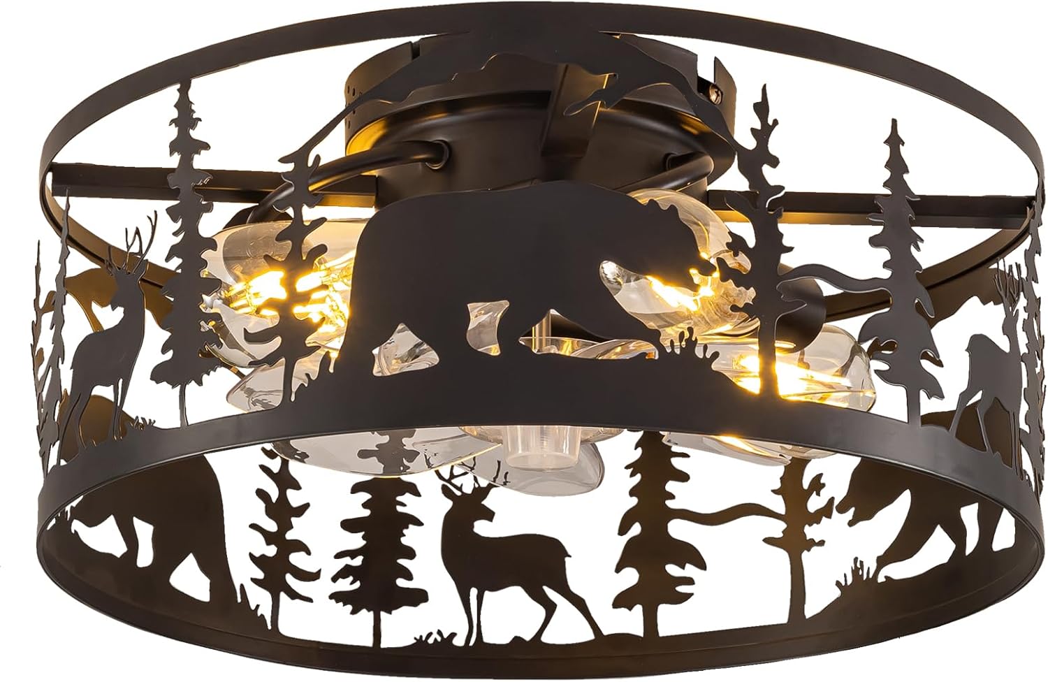Farmhouse Caged Ceiling Fans with Lights and Remote Control,Rustic Black Chandelier Fan with Bear Deer Design,Flush Mount Low Profile Fandelier for Bedroom,Dining Living Room,Foyer
