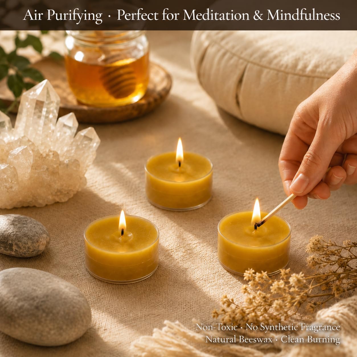 Beeswax Tea Light Candles 12 Pack, Natural Non-Toxic Smokeless Pure Beeswax Tealights, Unscented Honey Scent Small Candles, 4-Hour Burn Air Purifying Votive Candles for Home Decor, Meditation & Prayer
