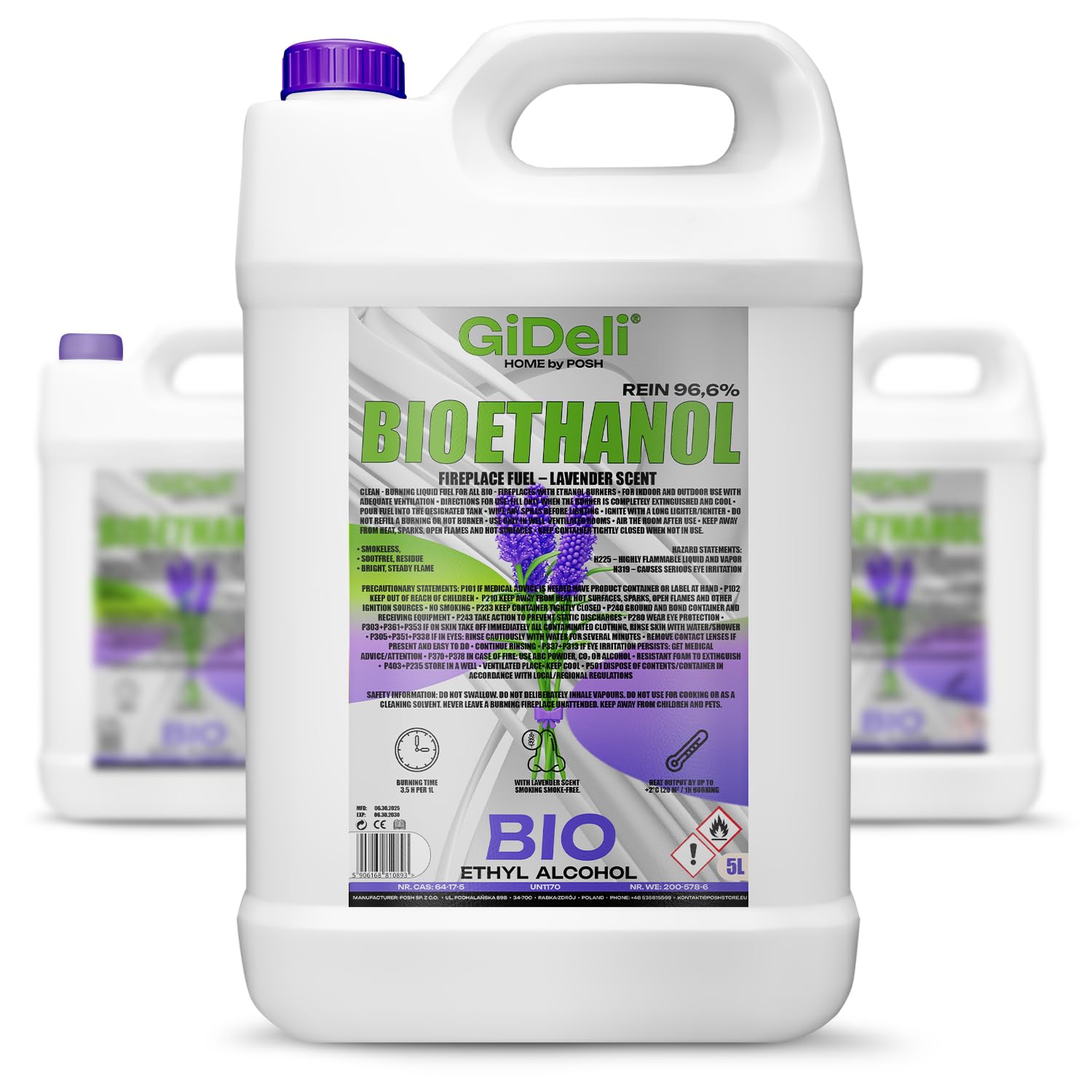GiDeli Bioetanolo 3 x 5 l profumo di lavanda 96,6% etanolo per camini interni ed esterni, senza fumo e fuliggine – da mais e barbabietola da zucchero