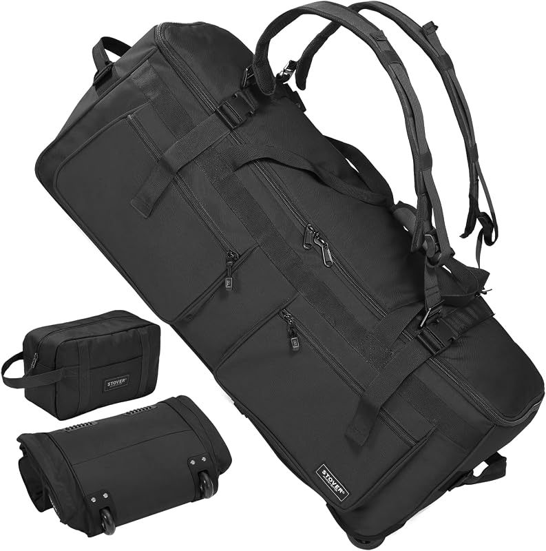45/80/100L U-Zip Rolling Duffel Bag with Wheels, X-Large Durable Travel Duffle + Toiletry Bag, Lay-Flat Opening, Packable w/Shoulder Straps- Use as Luggage or Backpack, Men/Women (Black)