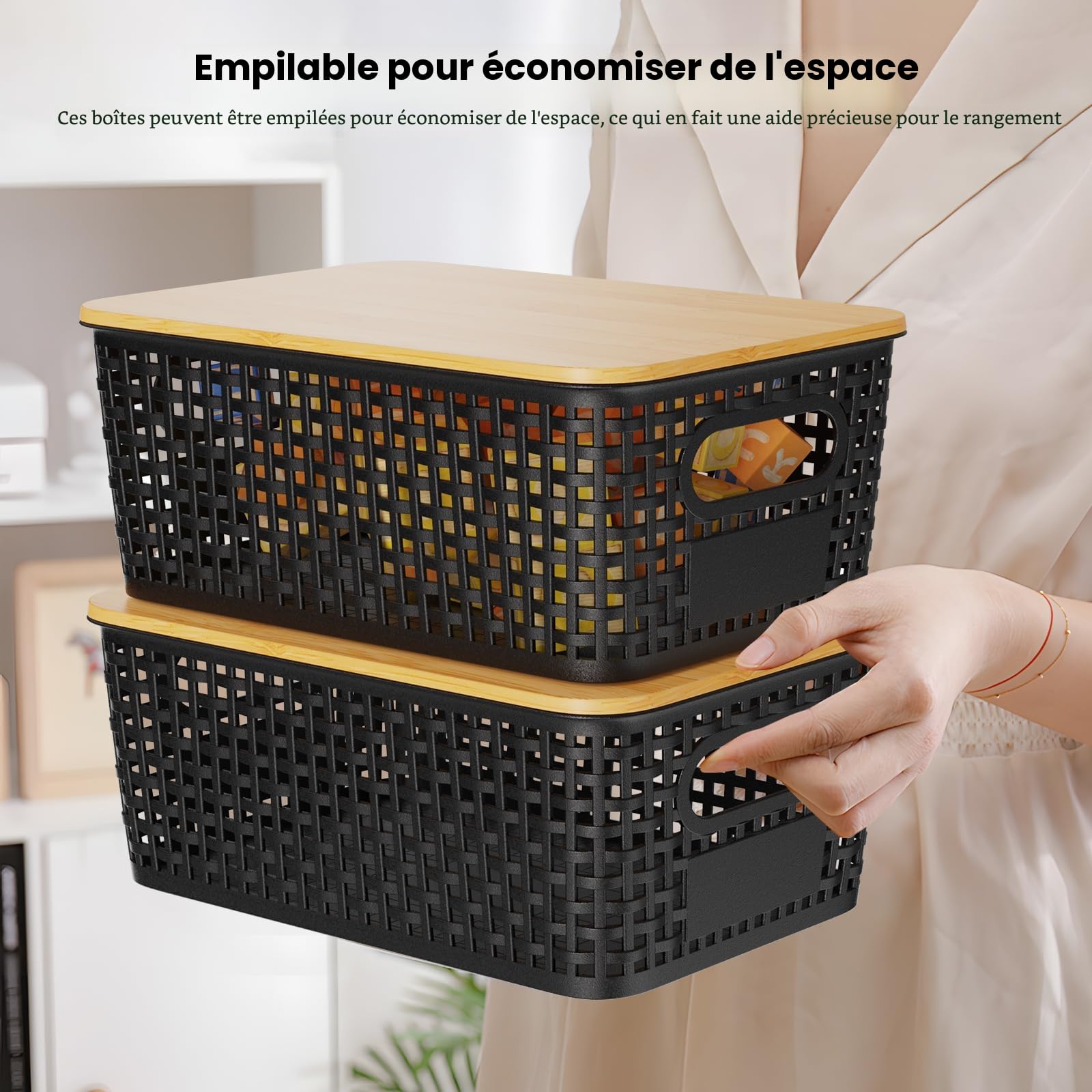 Lot de 6 boîtes de rangement avec couvercles en bambou, boîtes de rangement pour salle de bain, cuisine pour étagères, armoires, placards et maison (Noir, lot de 6-5 L)