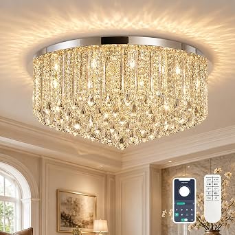 9-Light 31.5" Crystal Chandeliers for Dining Room,Dimmable Crystal LED Flush Mount Ceiling Light with Remote,Raindrop Modern Chandelier K9 Crystals Light for Bedroom Living Room Bulb Incl.