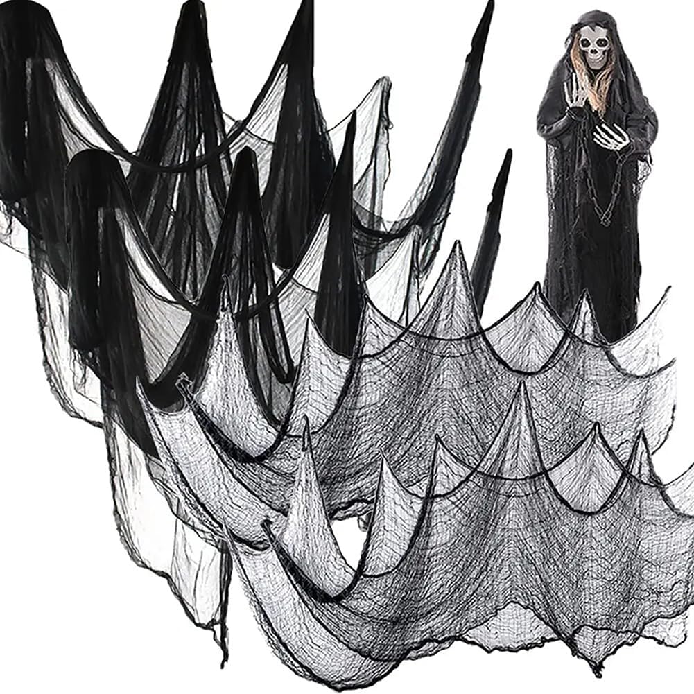 Queenbox 10pcs 29.9x70.8in Spooky Halloween Gauze, Hanging Ghost Fabric Netting Cloth for DIY Haunted House Party Window, Black