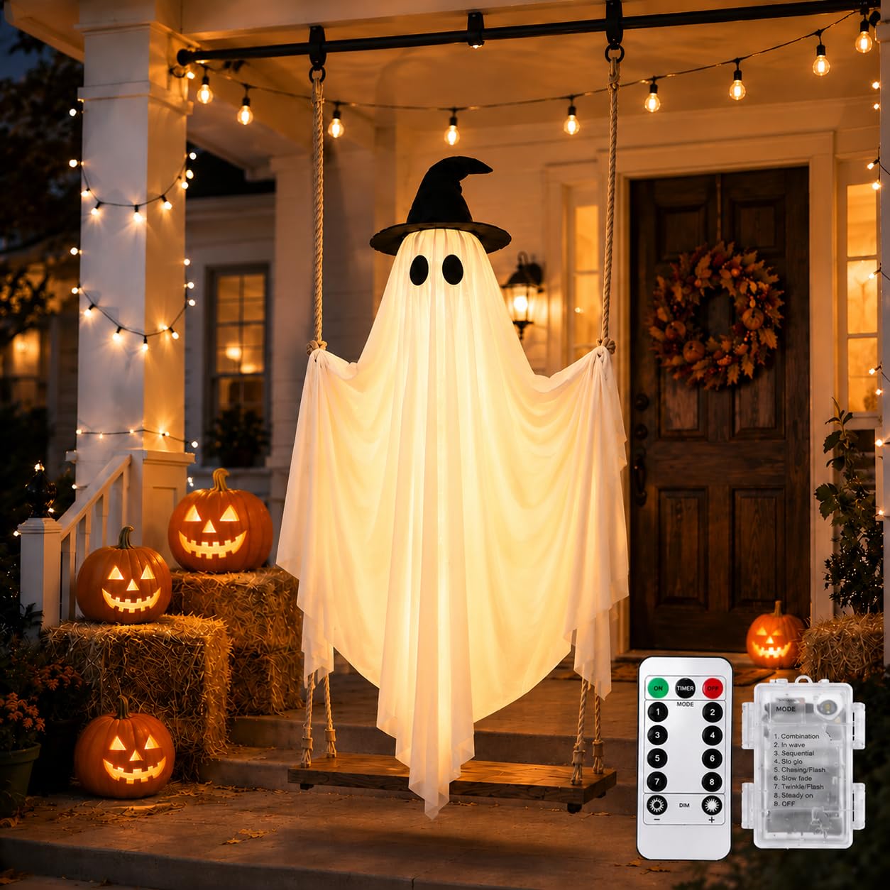 Swinging Ghost Outdoor Decor 5FT Hanging Halloween Ghost on a Swing Lights White Ghost