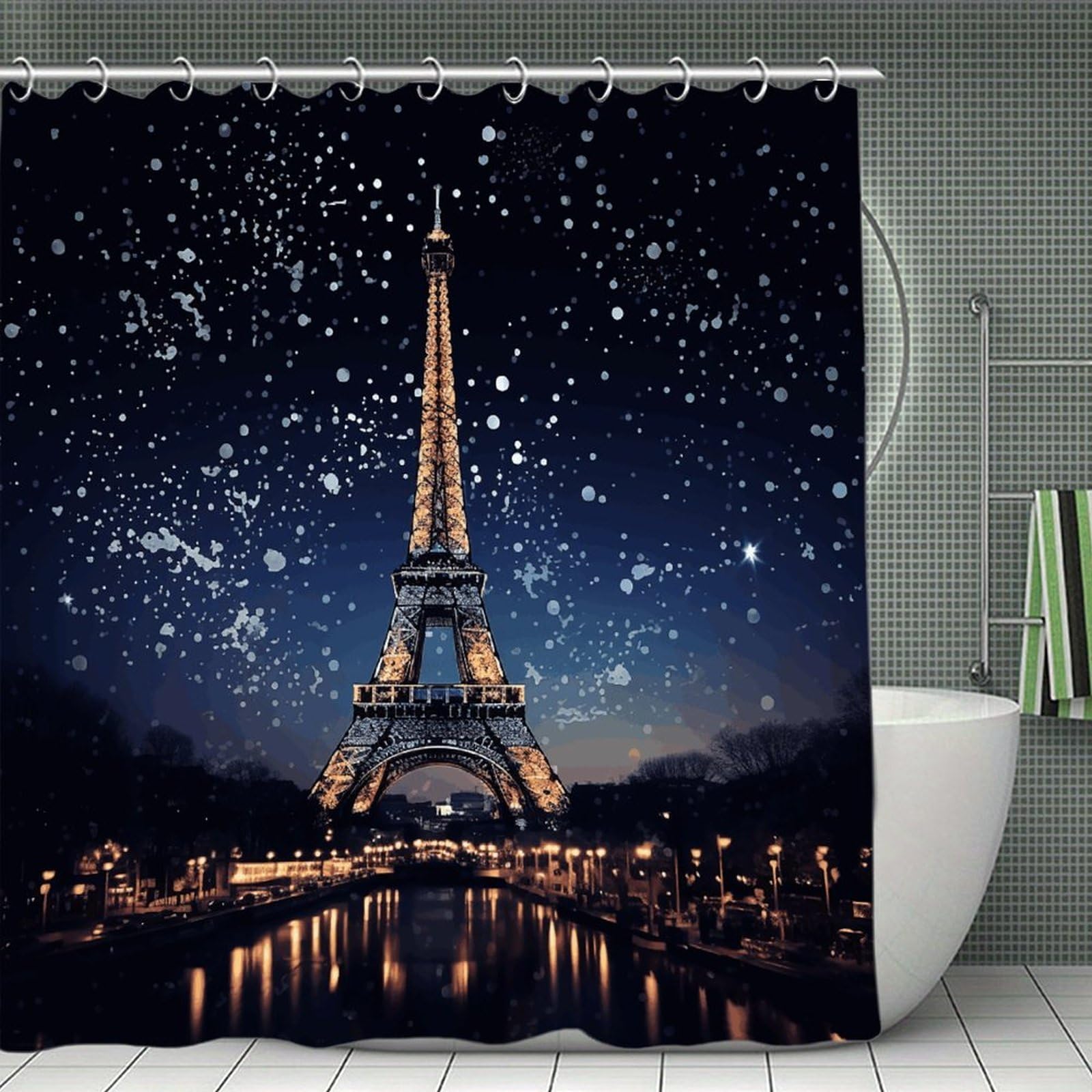 VstaDank Night Paris Eiffel Tower Shower Curtain Waterproof Bathroom Curtain with Hooks Luxury Weighted Bath Curtains for Bathtubs Showers Room Dividers Decorative Shower Curtains 71x71 in
