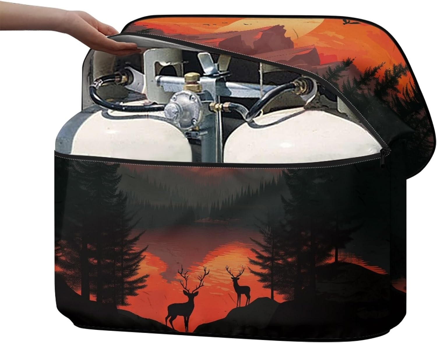 Deer Propane Tank Cover, Orange Sunser Dual 20lb Propane Tank Cover for RV Trailer with Zipper, Aesthetic RV Accessory for Travel Trailer image 2