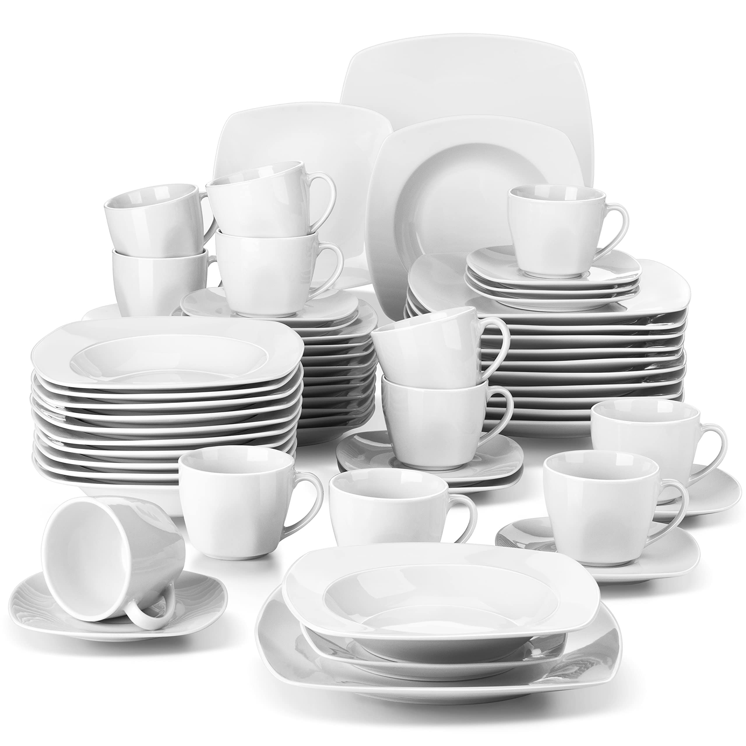 MALACASA, Series Julia, 60-Piece Dinner Sets Ivory White Porcelain Tableware Set with 12-Piece Cups/Saucers/Dessert Plates/Soup Plates/Dinner Plates, Service for 12 People