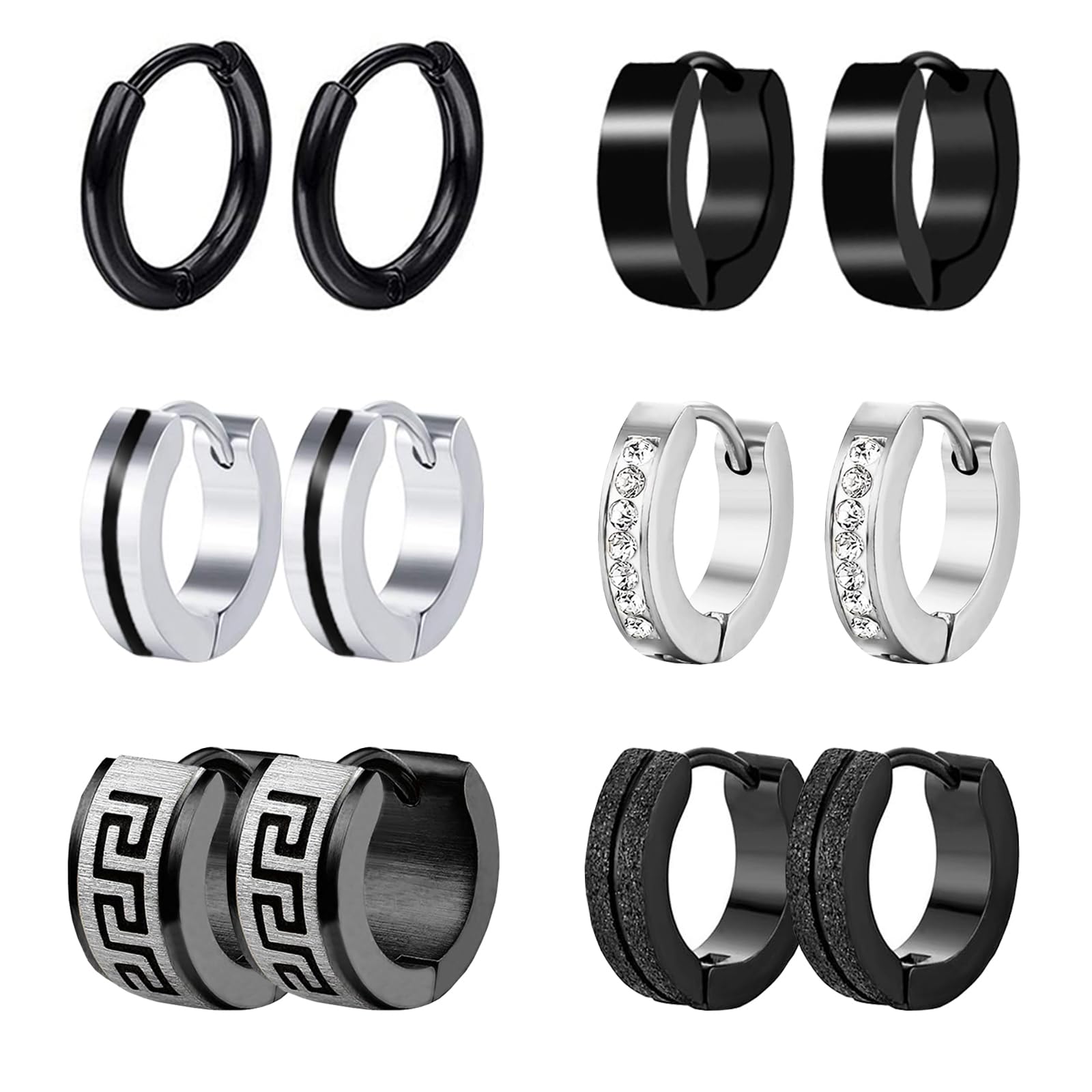 VELESAY 6 Pares Pendientes Aro Hombre Pendientes Acero Quirurgico Negros Pendientes de Aro Aretes para Hombre Punk Negro Pendientes Hombre Aro Punk Pendientes Hombre Mujer