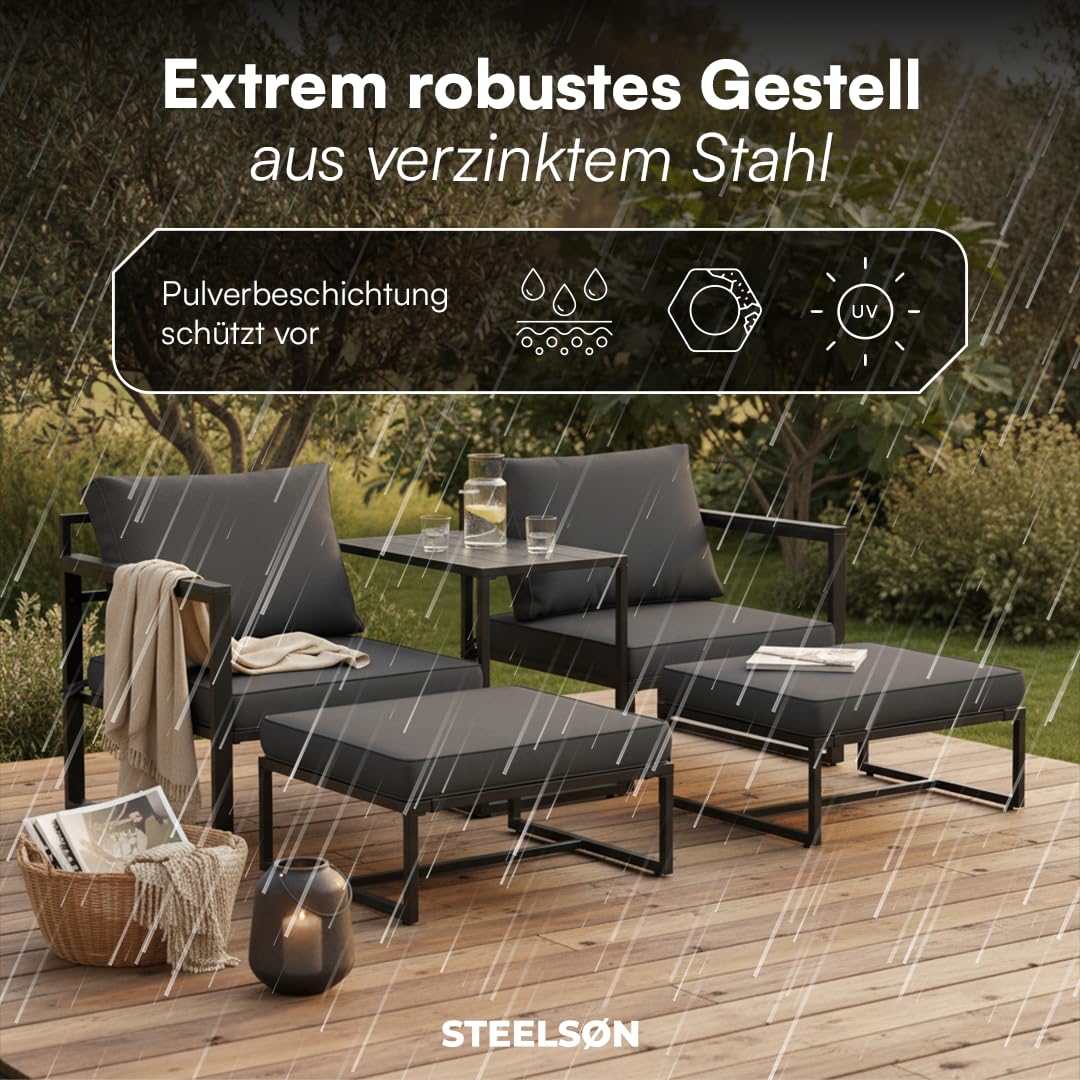 STEELSØN Asteri Sitzgruppe 5-teilig – Gartenmöbel Set mit 2 Sessel, 2 Hocker, 1 Tisch – Balkonlounge Metallgestell Schwarz – inkl. Sitzpolster anthrazit – Terrassenlounge für 2-4 Personen – wetterfest