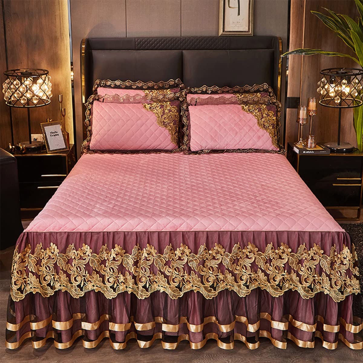 DXNB 3-Piece Set Bed Skirt Ruffle Double/Single/King Size/Velvet Wrap Autumn And Winter Thick Quilting Bedspread Fitted Sheet Cover Bedcover Lace Pillowcases (Color : L, Size : 180x220cm)