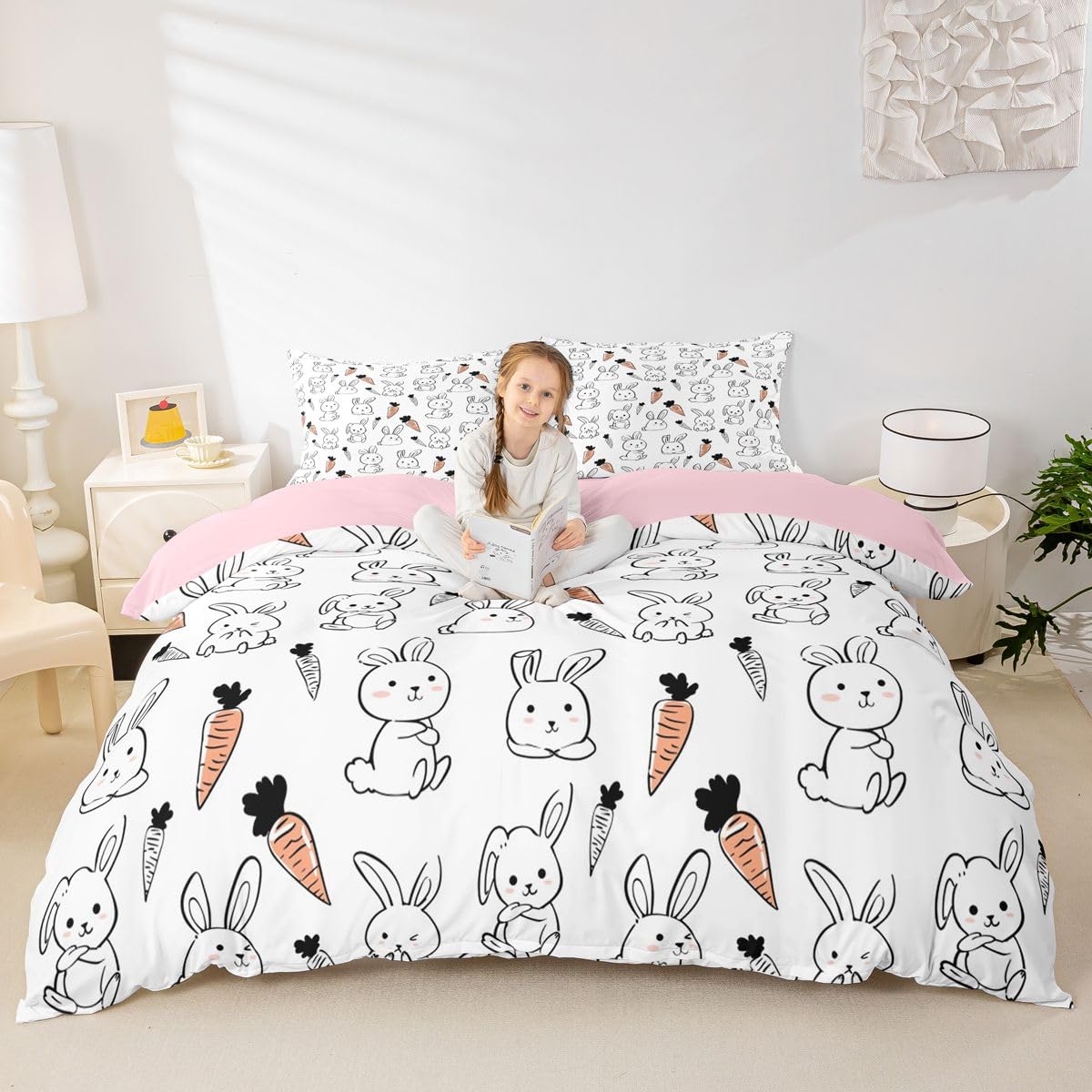 Kawaii Bedding Set, for Kids Girls Cute Cartoon Rabbit Bedding Set, Sketch Carrot Duvet Cover, Kawaii Room Decor, Pink Soft Reversible Comforter Cover Set, Lovely Animal Bedding Comforter, Twin Size