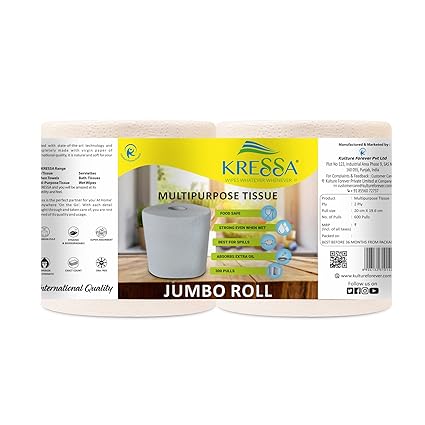 Kressa Jumbo Multipurpose Paper Tissue Roll | Kitchen Roll 2 Rolls Total 600 Sheets 2 Ply 100% Natural Virgin Pulp