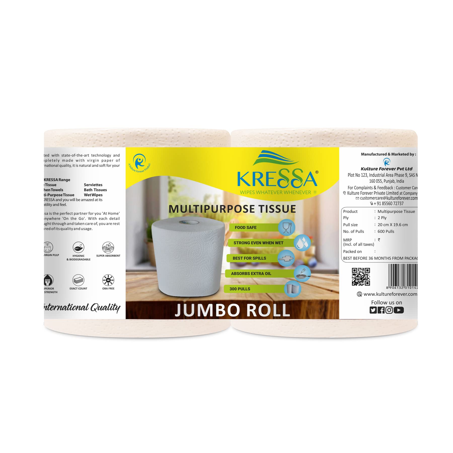 KRESSAJumbo Multipurpose Paper Tissue Roll | Kitchen Roll 2 Rolls Total 600 Sheets 2 Ply 100% Natural Virgin Pulp