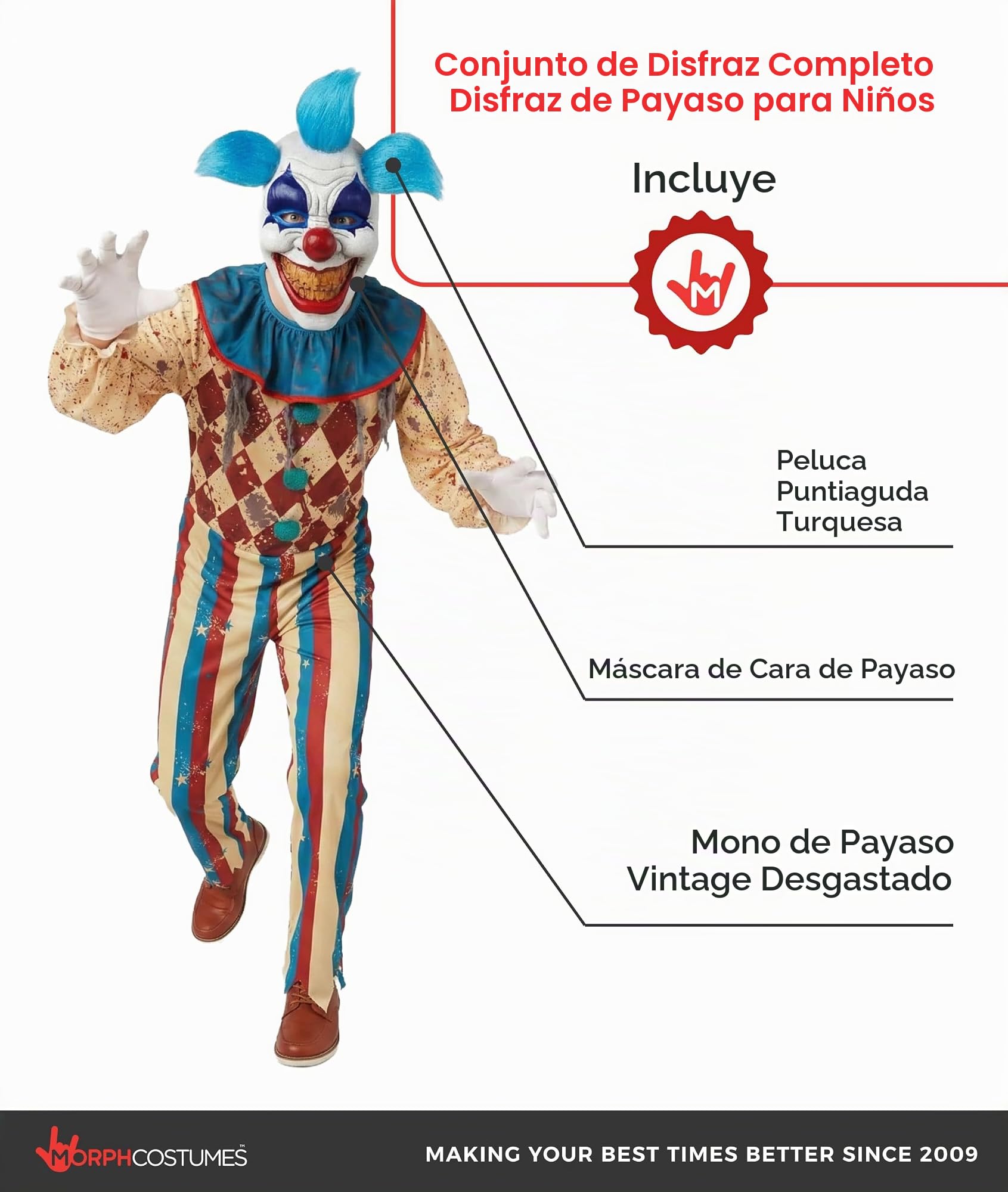 Morph Disfraz Payaso Asesino Niño, Disfraz Payaso Halloween Niño