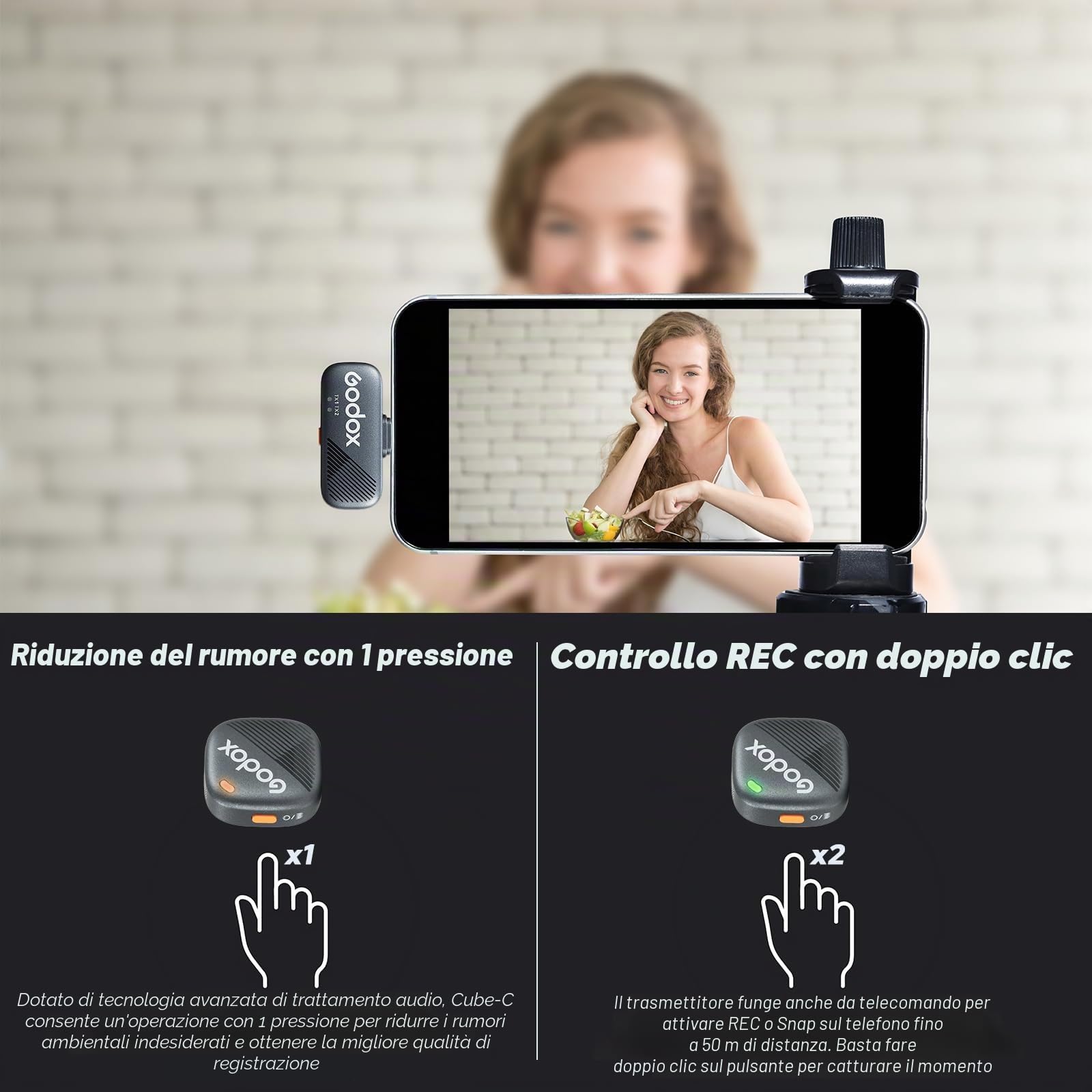 GODOX Cube-C Combo Kit2 Microfono Lavalier Wireless per Fotocamera/iPhone/Android Portata 300m,48KHz 24Bit,Cancellazione del Rumore,Durata Batteria 10H,Microfono Wireless perVlogging,TikTok,Intervista