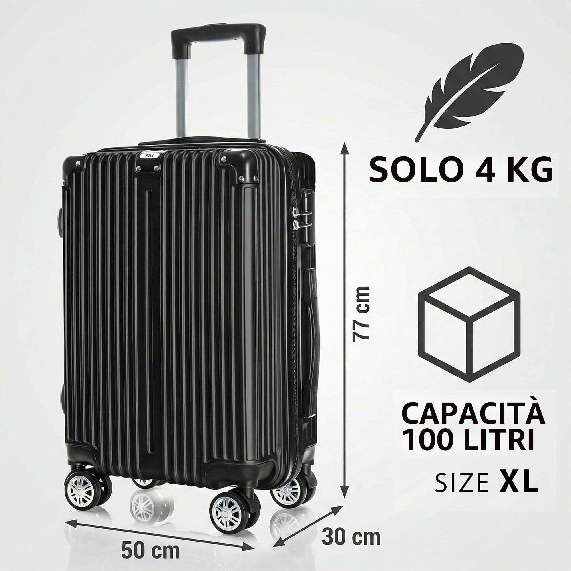 POSH Valigia da viaggio 77x50x30 cm - Trolley grande leggera da 4 kg in ABS - Capacità da 100 L con doppie ruote silenziose a 360° - Bagaglio stabile con lucchetto a combinazione