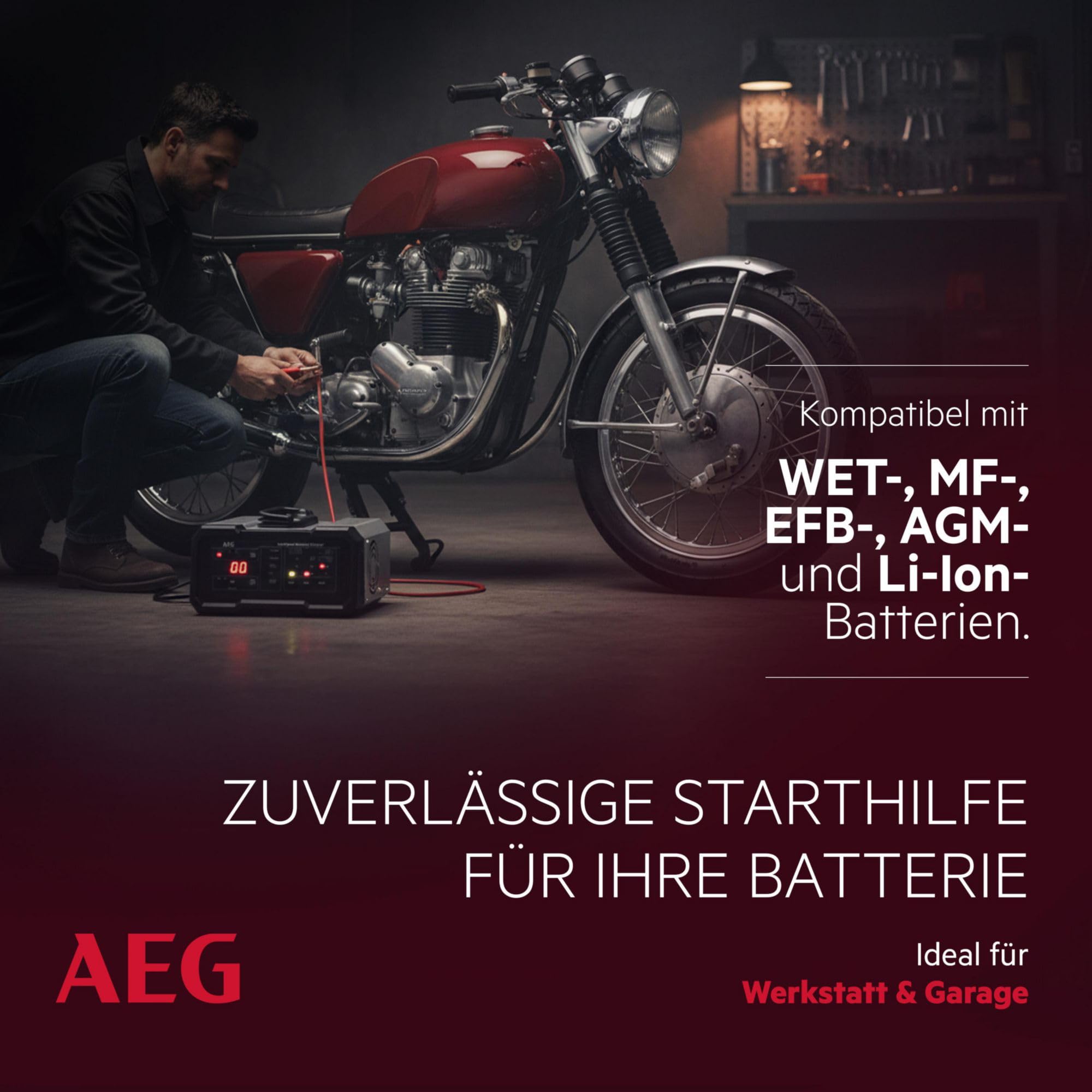 AEG Batterieladegerät CW20, für 6/12 V Batterien, 20A, automatische Ladefunktion, umfangreicher Sicherungsschutz, Erhaltungsfunktion, Ladestatusanzeige in Prozent, LED-Display