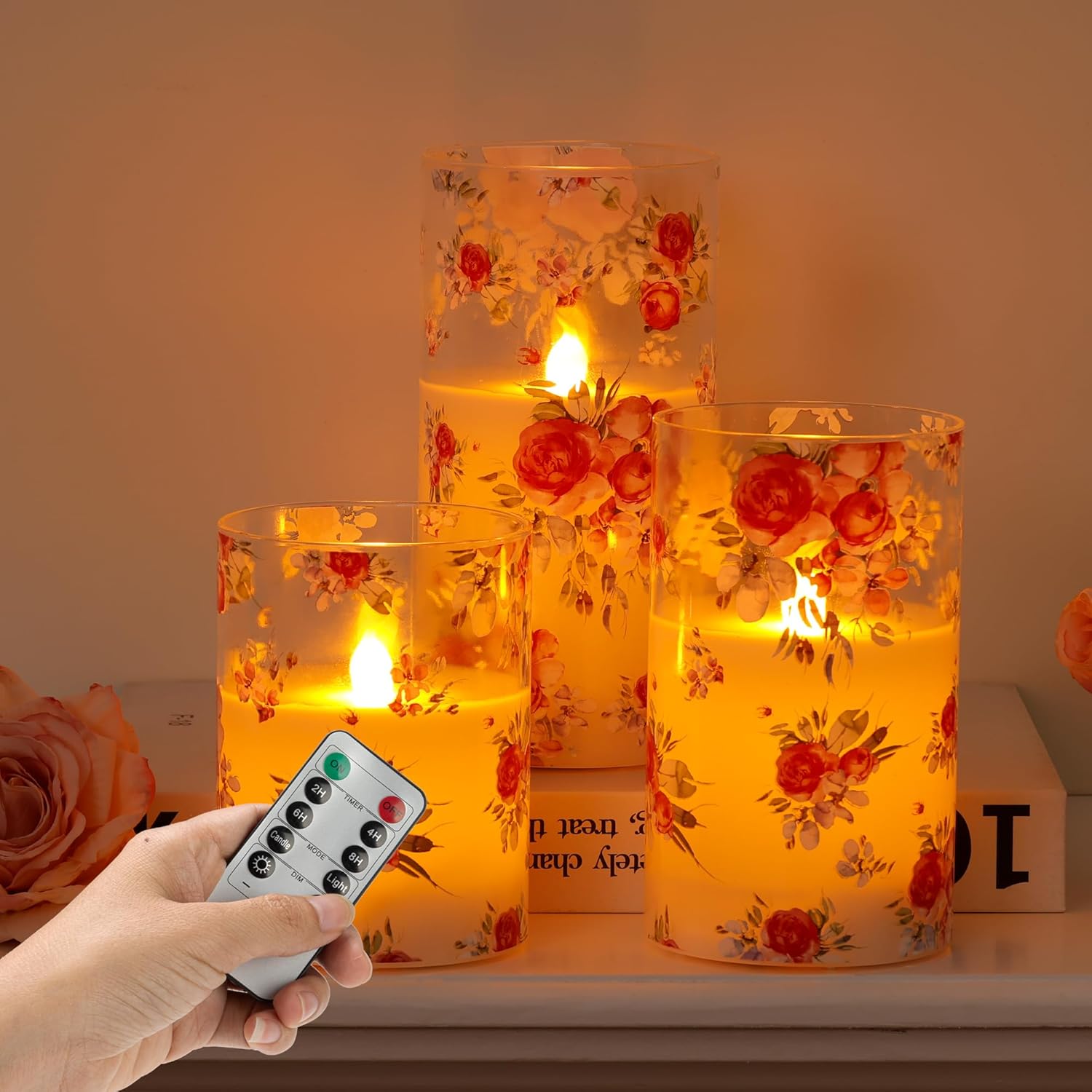Rose Flameless Candles Set of 3 – Glass Battery Operated Candles with Remote, Flickering Floral Flameless Candle for Wedding, Home, Party Gift