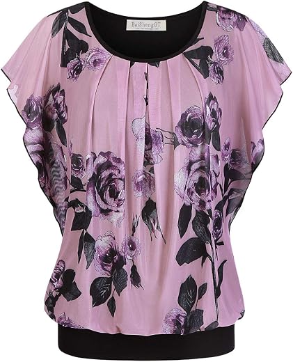 BAISHENGGT Women's Printed Flouncing Flared Short Sleeve Mesh Blouse Top
