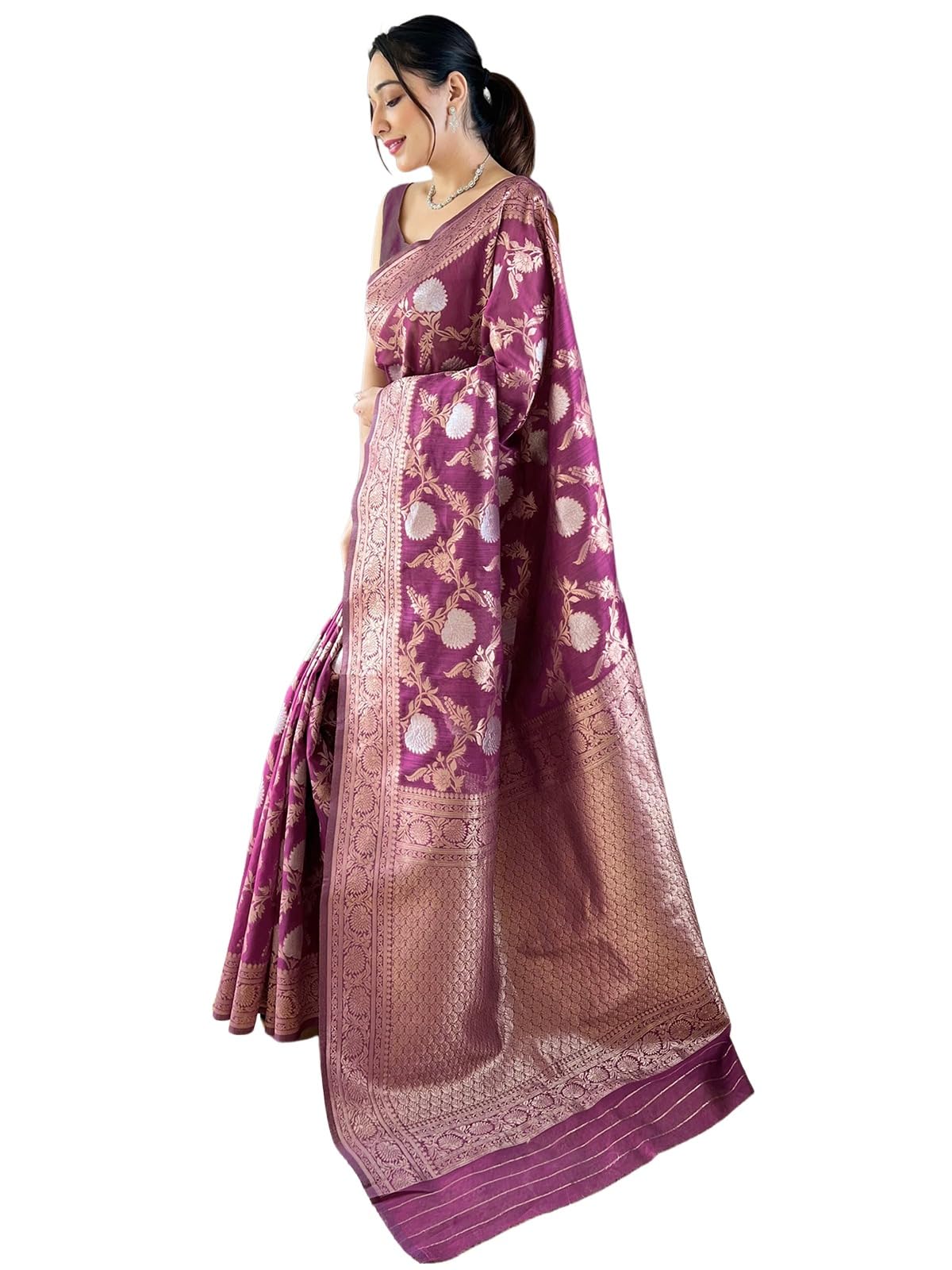 Satrani Women's Silk Blend Banarasi Jacquard Saree With Unstitched Blouse Piece (3834S413N_Dark Magenta)