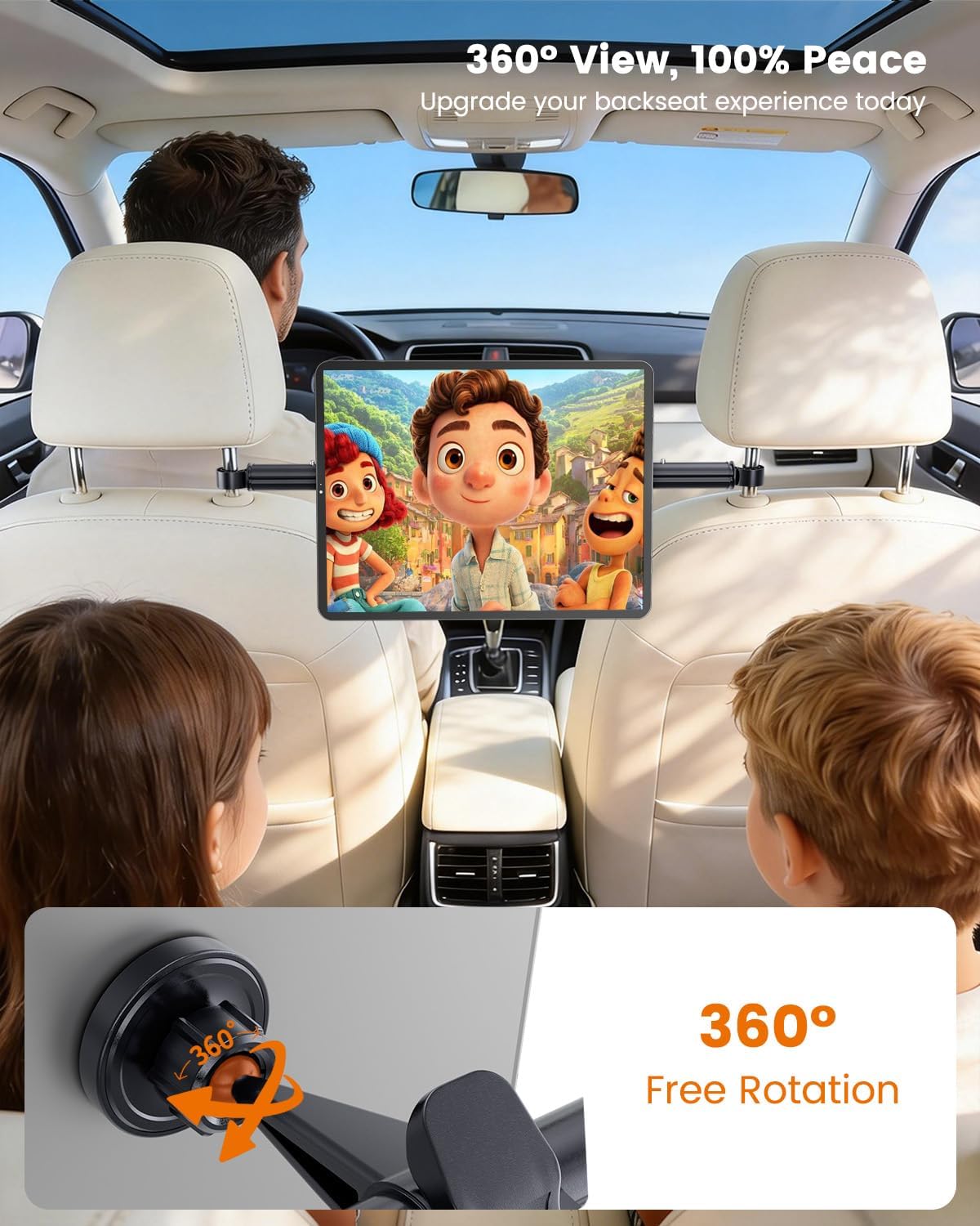 OHLPRO Kfz-Kopfstützen-Tablet-Halterung für Kinder, Roadtrip-Essentials – ausziehbare Aluminiumstange (max. 83,8 cm) für Mittelsicht, 360° drehbar, magnetischer Rücksitzständer, passend für Tablets