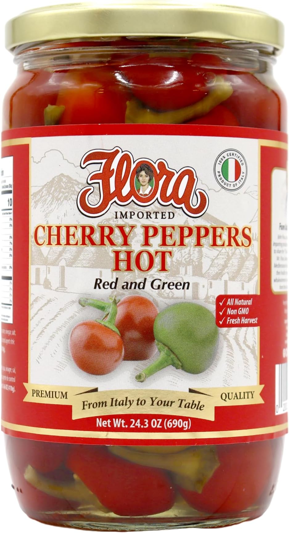 Flora Foods Hot Red & Green Cherry Peppers - 24.3 Oz Jar - Imported from Italy