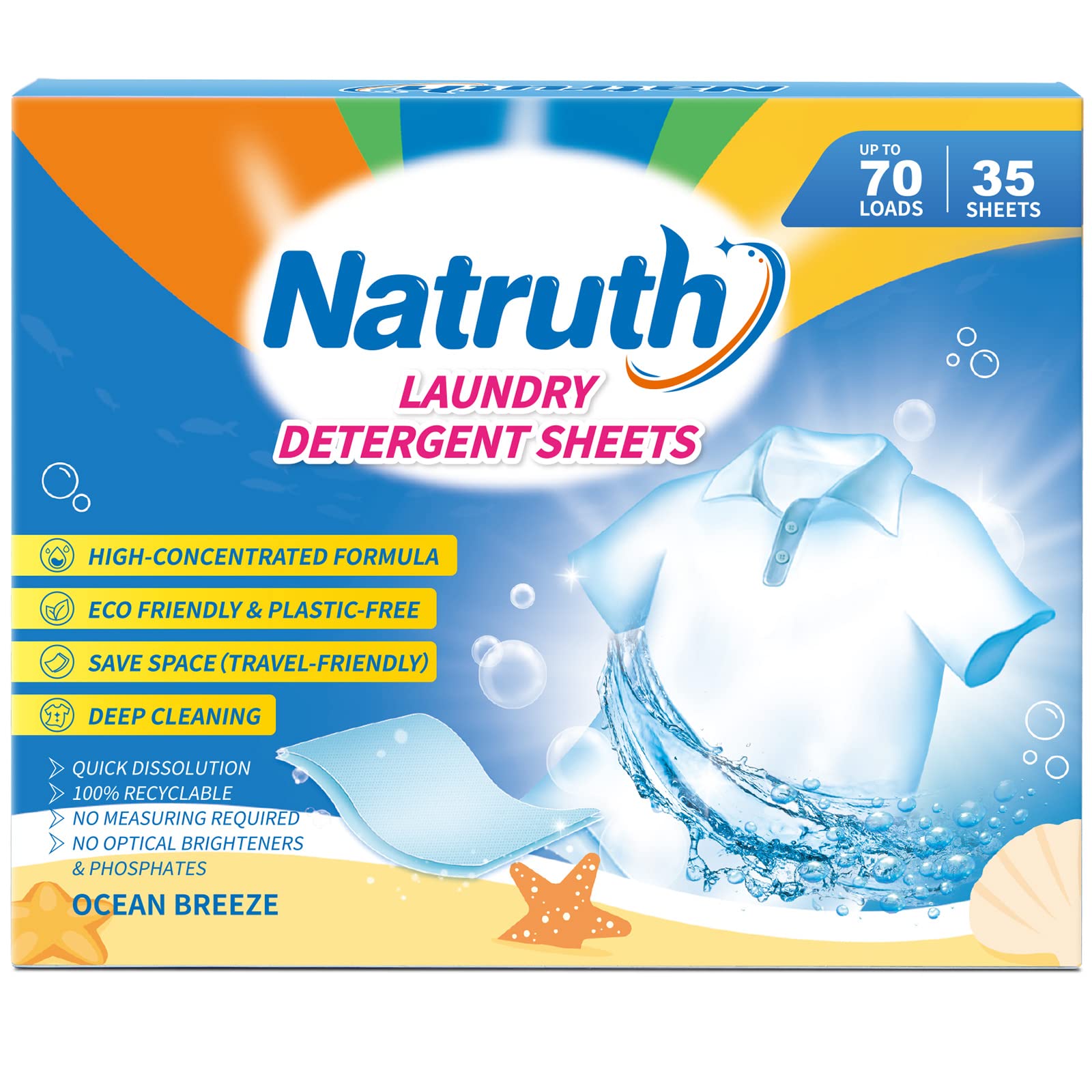 NATRUTHLaundry Detergent Sheets Ocean Breeze (70 Loads) 35 Sheets Ocean Scent Liquidless Bulk Laundry Detergent Biodegradable Laundry Strips Travel-Friendly & Plastic-Free Efficient Laundry Detergent