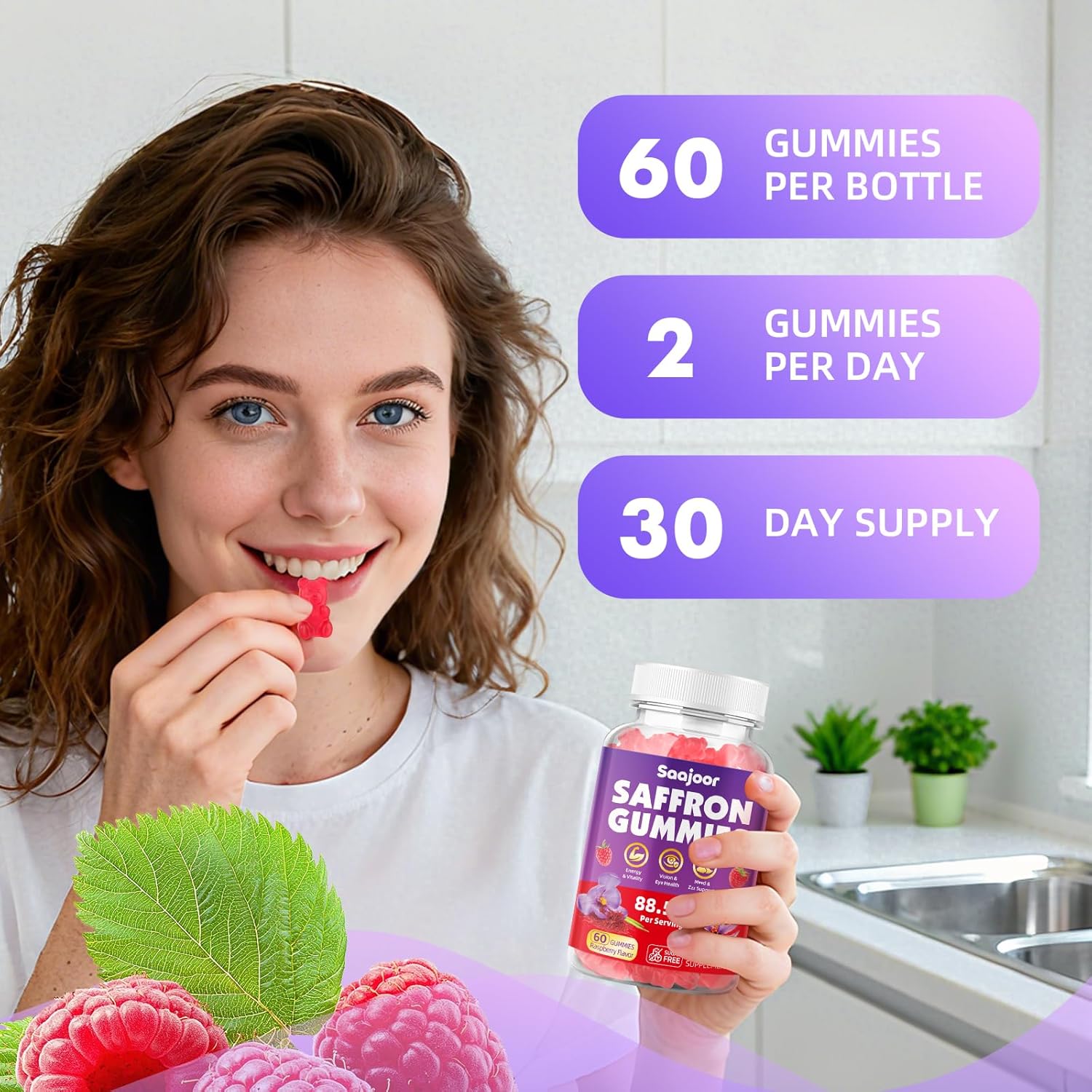 Saffron Gummies for Adult Kids - with Saffron 88.5mg, Vitamins D3 & B6, Magnesium, Zinc, Ashwagandha, L - Theanine, St. John's Wort - Supports Mood & Focus, Vegan, Raspberry Flavor, 120 Gummies