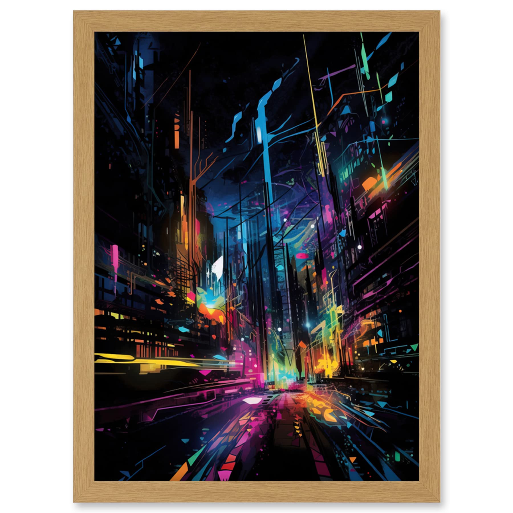 Artery8 New York City at Night Modern Abstract Neon Contrast Painting Artwork Framed Wall Art Print A4